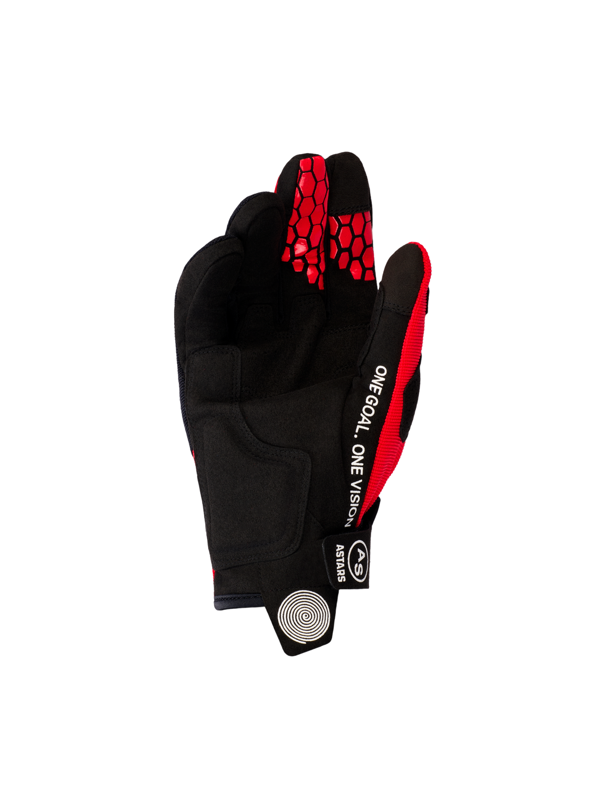 Alpinestars 2026 Pro-Dura Gloves, guantes de motocross y enduro, rojo brillante y negro, vista de la palma en ante sintético negro, texto blanco 'ONE GOAL. ONE VISION' en el lateral y patrones de panal rojos en las yemas de los dedos.