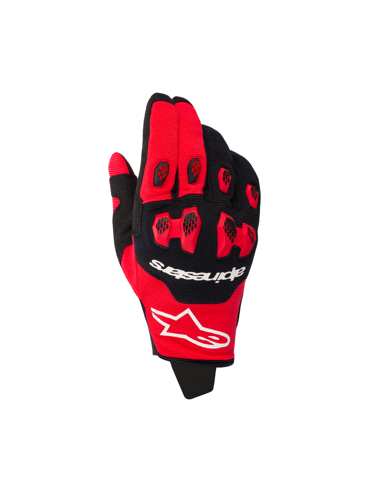 Alpinestars 2026 Pro-Dura Gloves, guantes de motocross, rojo brillante y negro, con protectores de nudillos de TPR rojos e inserciones negras de nido de abeja, logotipos de la marca en blanco y construcción elástica de paneles múltiples para carreras todoterreno