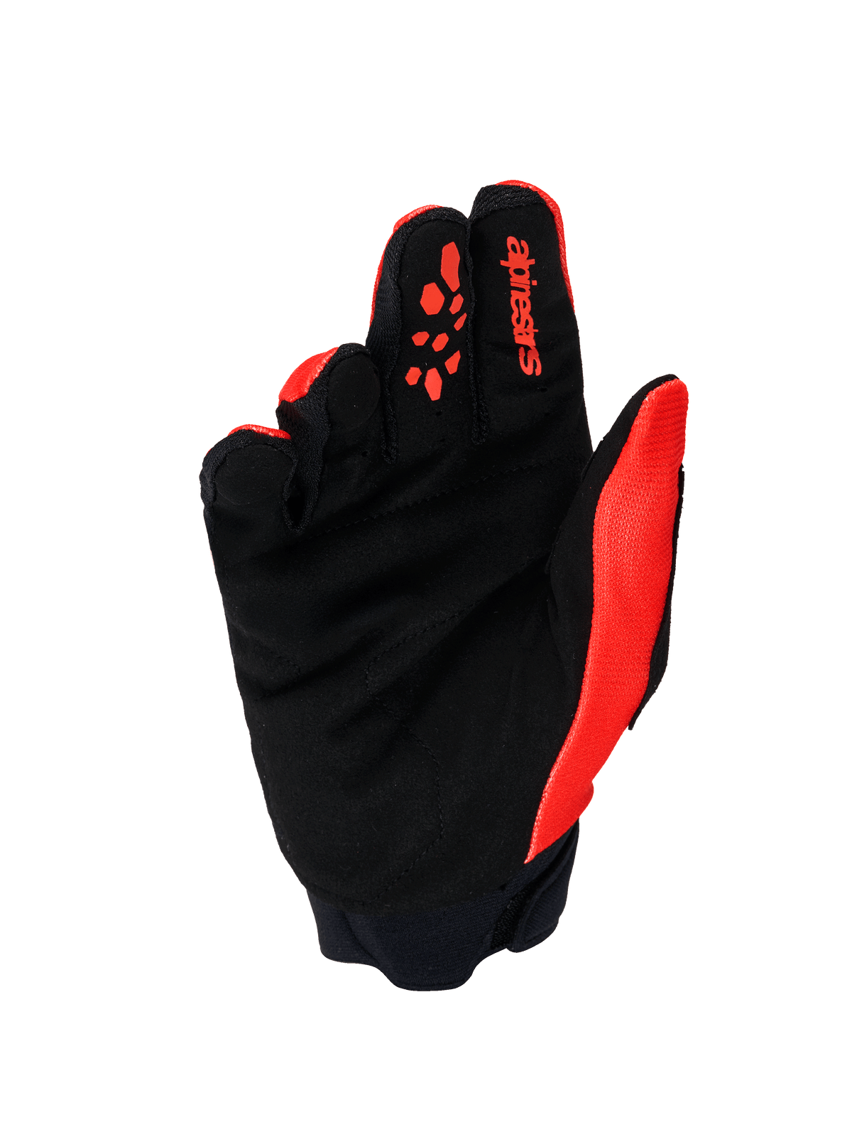 Guantes Alpinestars Full Bore V2, guantes de motocross, naranja y negro, vista de la palma que muestra el ante sintético reforzado, agarres de silicona naranja en los dedos, logotipo rojo de Alpinestars en el dedo índice y puño de neopreno.