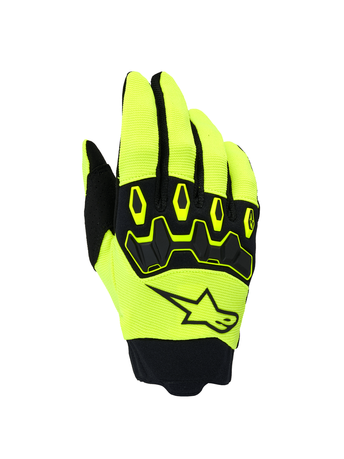 Alpinestars Full Bore V2 Gloves, Motocross Off-Road Gloves, Yellow Fluo and Black, featuring ergonomic TPR knuckle protection and Alpinestars star logo on the backhand, breathable stretch fabric with neoprene cuff
