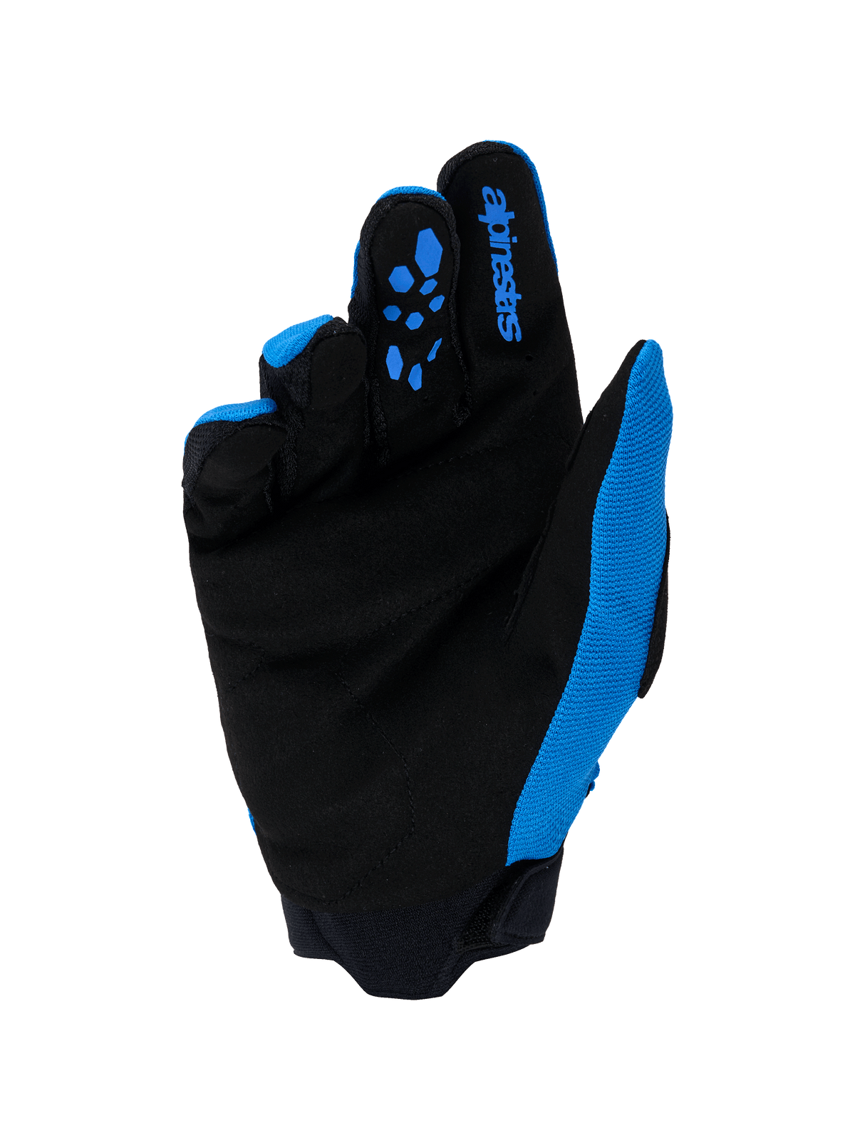 Guantes Alpinestars Full Bore V2, guantes de motocross, azul Ucla y negro, vista de la palma con ante sintético reforzado, patrones de agarre de silicona azul en los dedos, logotipo de Alpinestars y puño de neopreno duradero