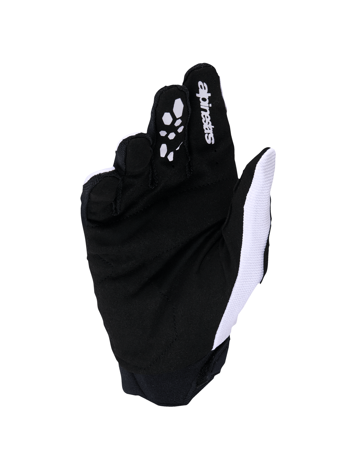 Guantes Alpinestars Full Bore V2, guantes de motocross, gris claro y negro, vista de la palma con ante sintético reforzado y agarre de silicona en los dedos, malla transpirable blanca en el lateral del pulgar y logotipo de Alpinestars en el dedo índice.