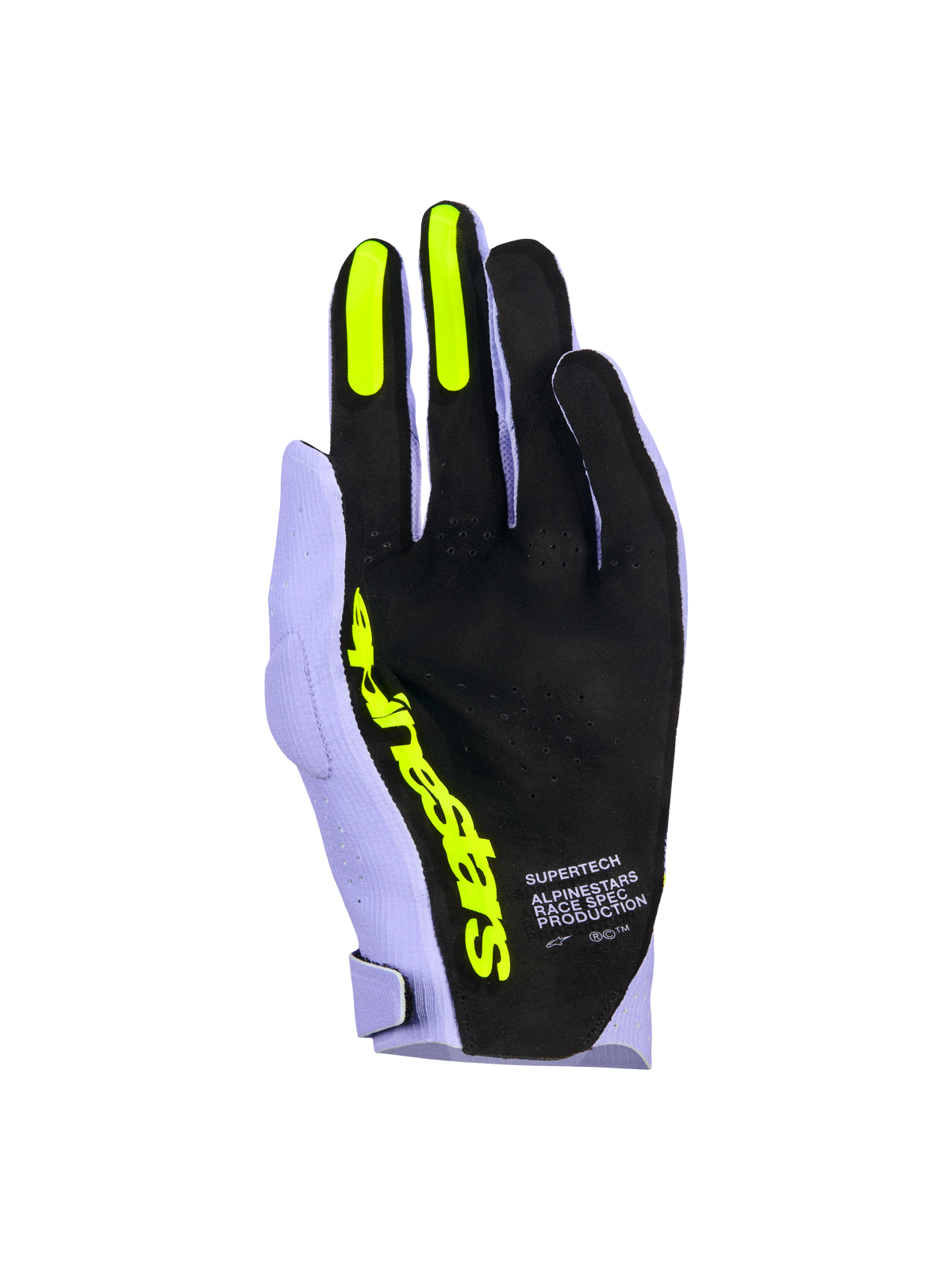 Guantes Alpinestars Supertech MX, guantes de motocross, color violeta lavanda y amarillo flúor, vista de la palma con material negro perforado, agarres de silicona amarillo flúor en los dedos índice y corazón, logotipo Alpinestars en amarillo intenso y texto 'Race Spec Production', equipamiento de alto rendimiento para carreras todoterreno