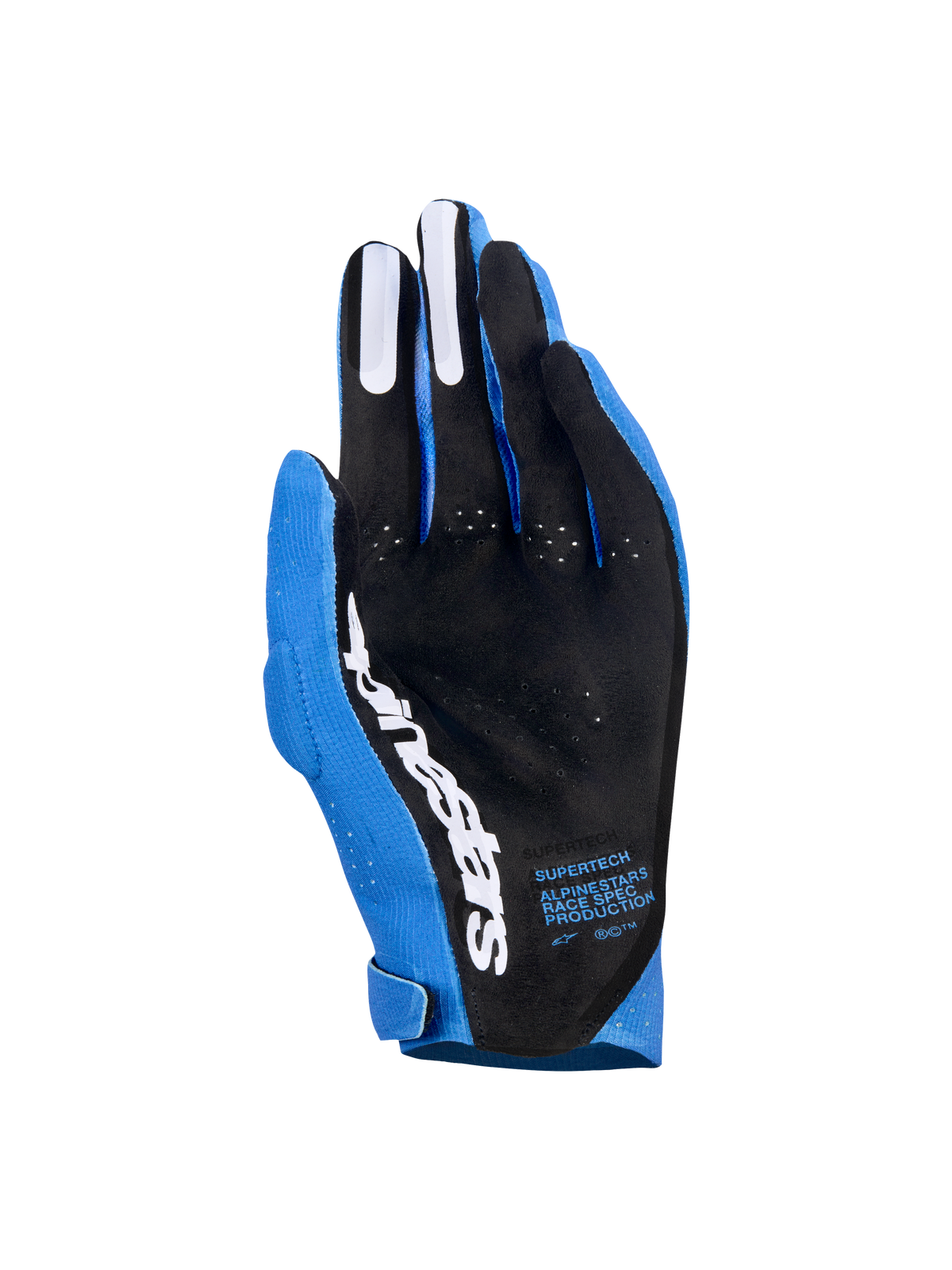 Guantes Alpinestars Supertech MX, guantes de motocross, azul UCLA y azul oscuro con detalles blancos, vista de la palma que muestra el material perforado negro, logotipo de Alpinestars en blanco, agarres de silicona en los dedos y texto técnico, equipamiento profesional para carreras off-road