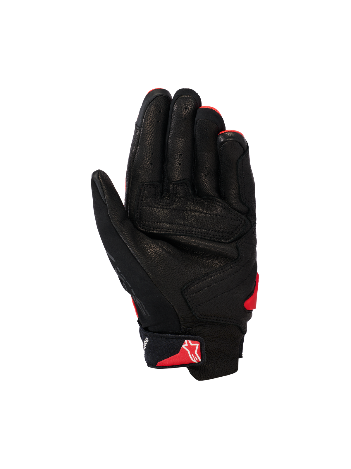 Guantes Alpinestars SP X 7, guantes de moto de caña corta, negro y rojo brillante, vista de la palma que muestra la construcción de cuero perforado, paneles de la palma reforzados y el logotipo rojo de Astars en la correa de la muñeca