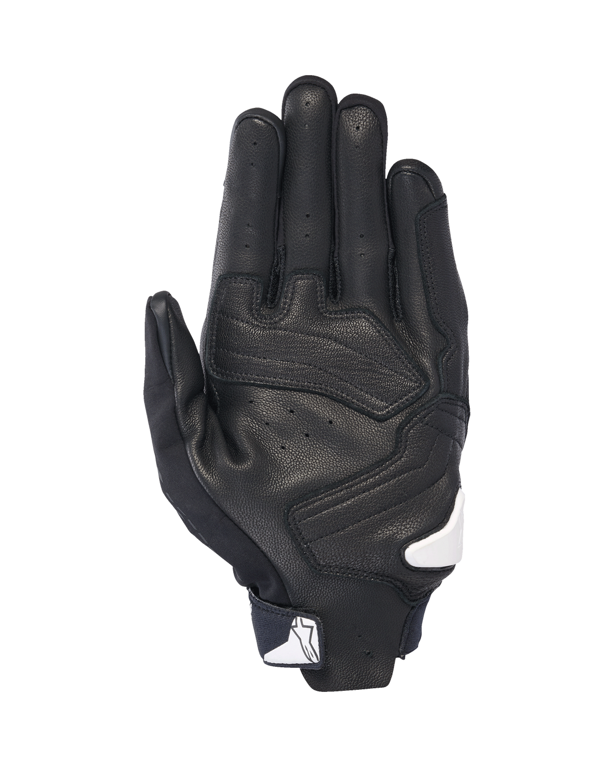 Guantes Alpinestars SP X 7, vista de la palma, negros con detalles en blanco, guantes de moto de puño corto con cuero perforado, refuerzos en la palma y logo de Alpinestars en blanco en el cierre de la muñeca