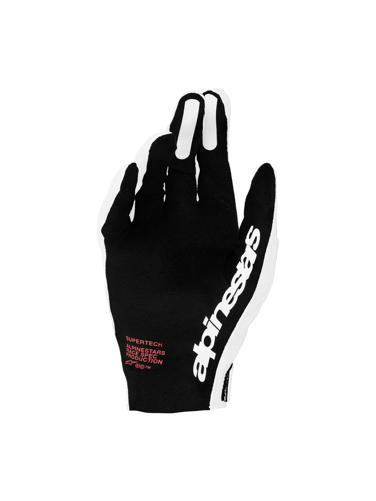 Guantes Alpinestars Supertech MX 2027, guantes de motocross para carreras, negros y blancos con detalles rojos y dorso perforado.