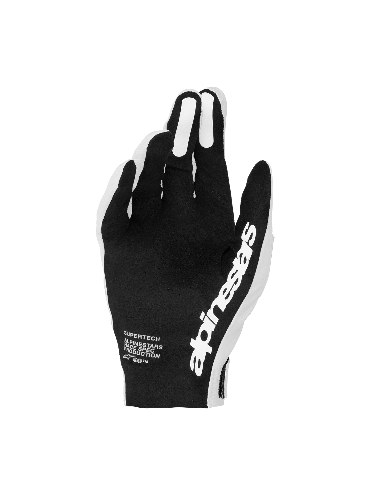 Guantes Alpinestars Supertech MX, guantes de motocross negros y blancos con palmas perforadas para un control preciso.