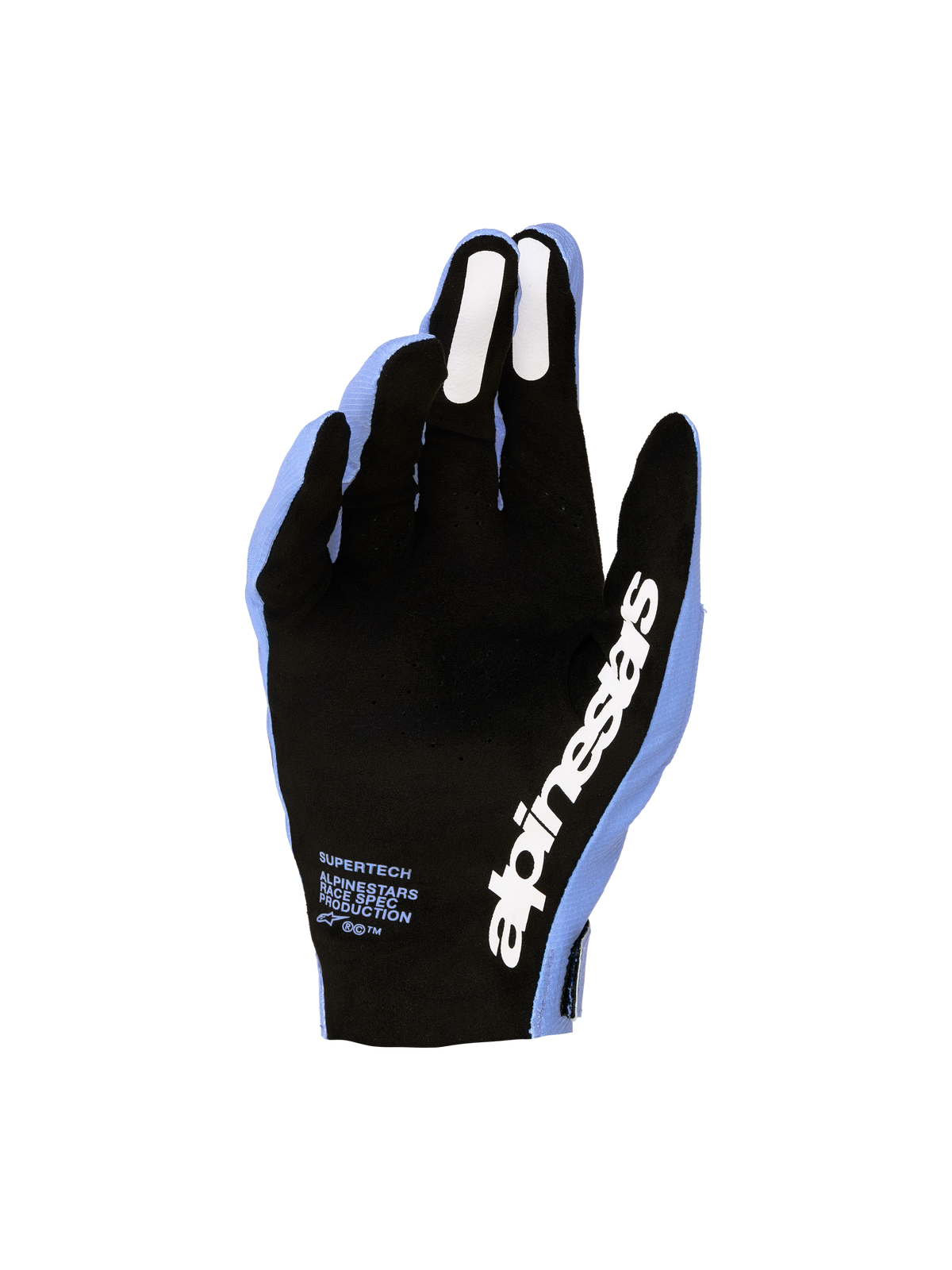 Alpinestars Supertech MX Gloves, Light Violet and Black motocross gloves with perforated palms and silicone finger grips.