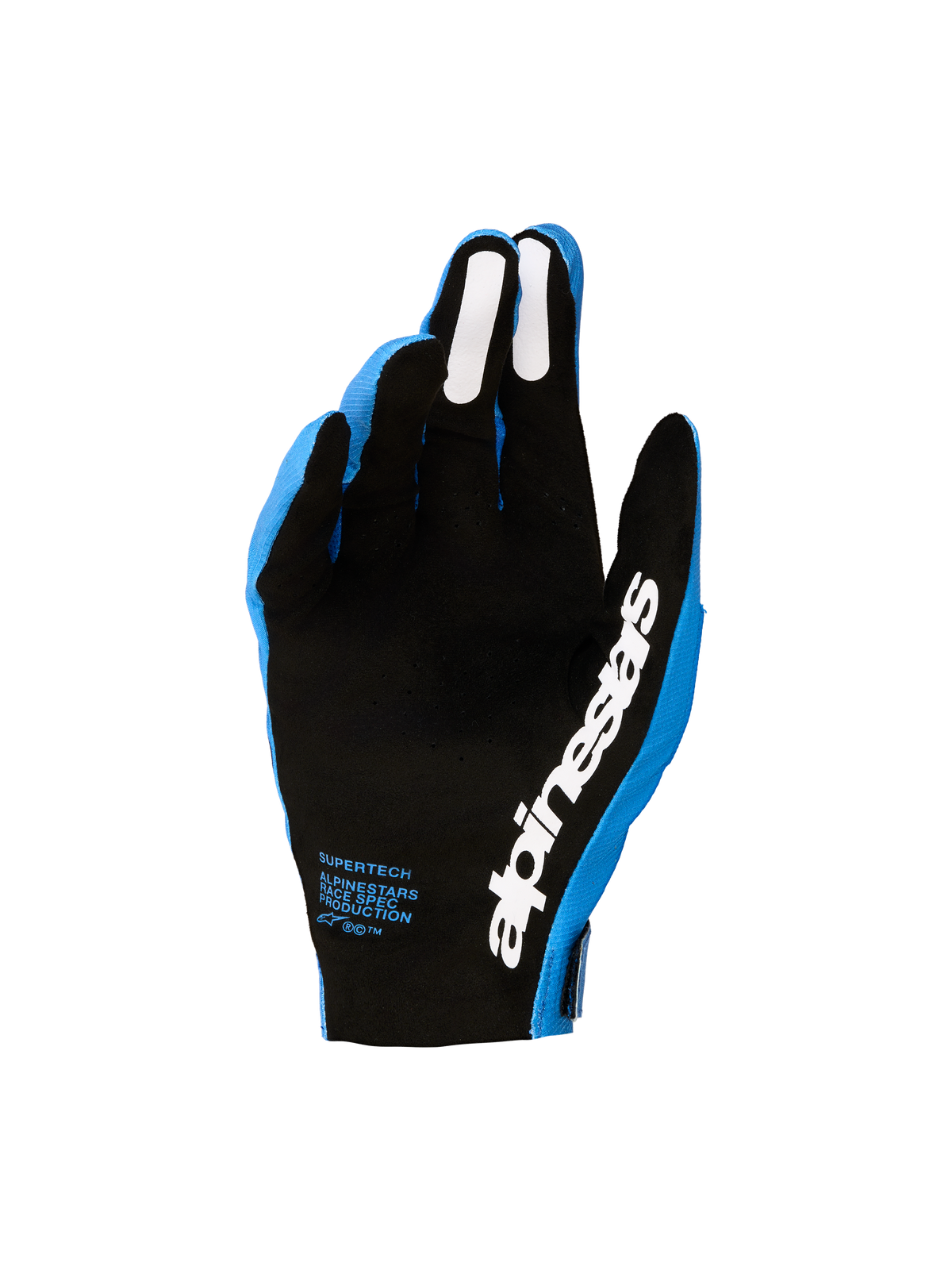 Alpinestars 2027 Supertech MX Gloves, Men's blue and black motocross gloves with perforated palms and white silicone grips.