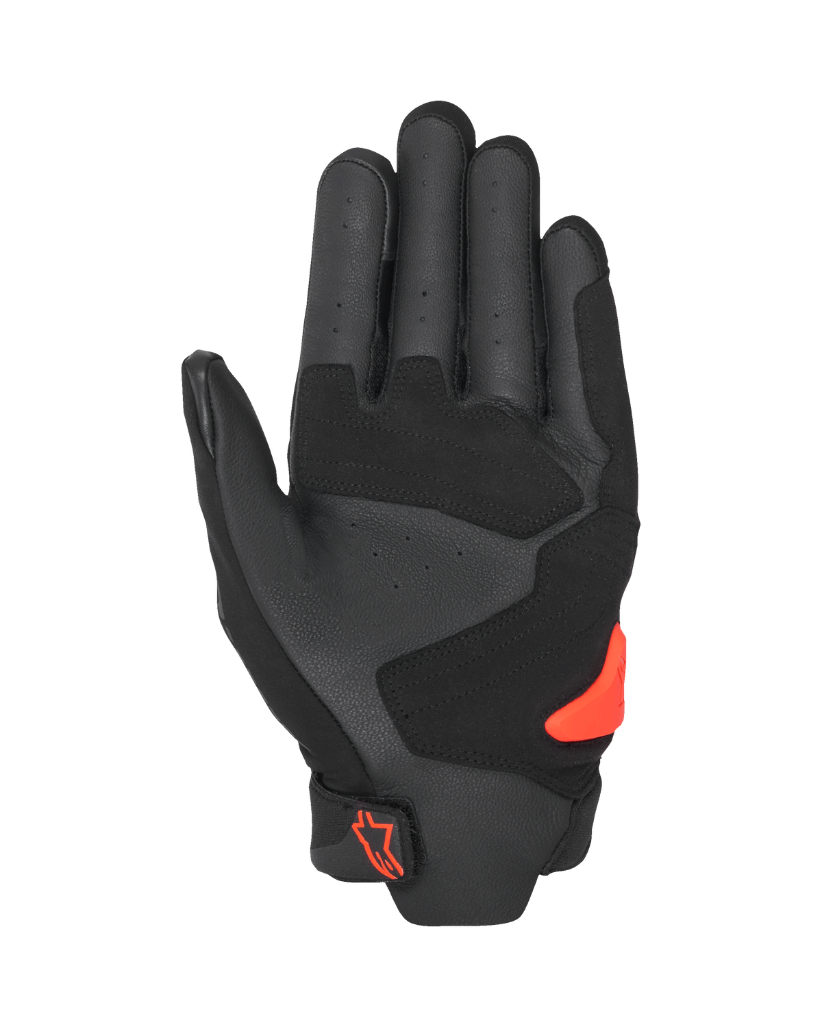 Guantes Alpinestars SP X 5 Air, vista de la palma, negro y rojo flúor, palma de cuero perforado con paneles reforzados, deslizador de palma TPR rojo brillante, logo Alpinestars rojo en el cierre de la muñeca, guantes de moto deportivos