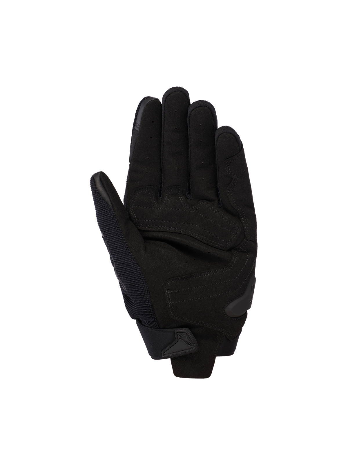 Guantes Alpinestars SP X 5 Air, color negro, vista de la palma con cuero perforado para el flujo de aire, refuerzos superpuestos y deslizador de TPR, diseñados para conducción deportiva y en carretera