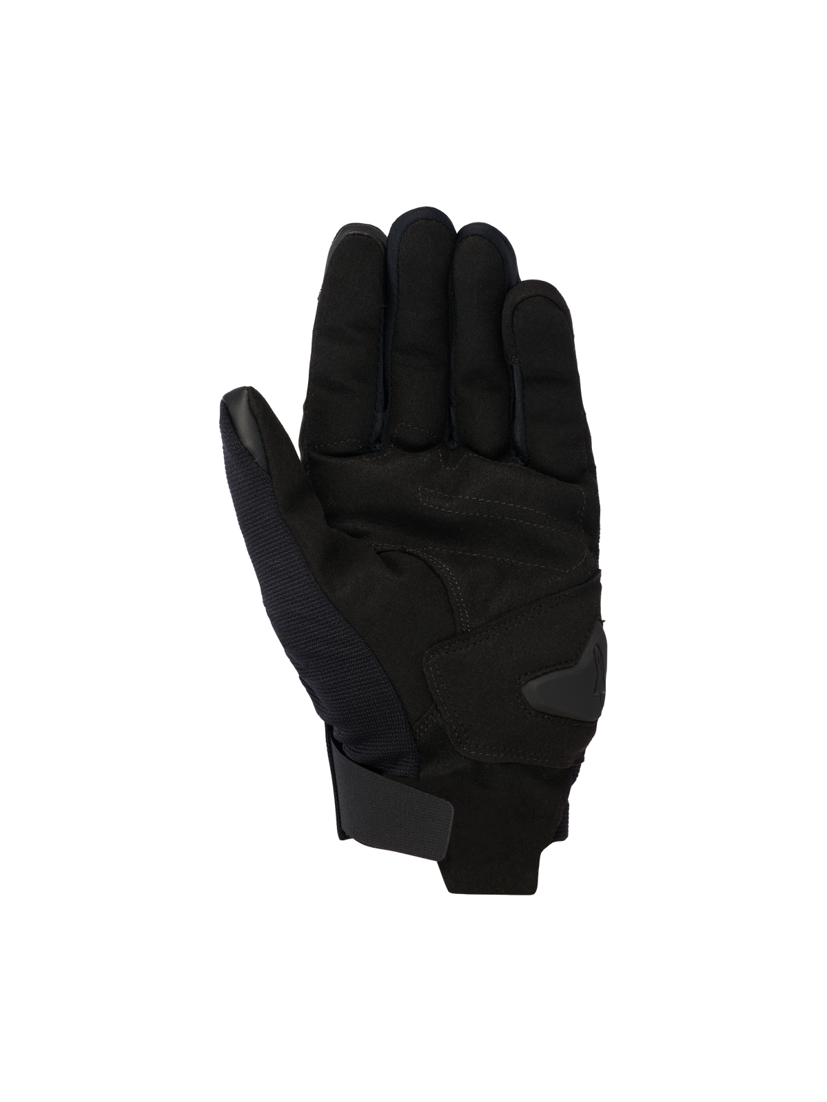 Alpinestars Reef V2 Gloves, Black Urban Motorcycle Gloves, palm view featuring synthetic suede construction with reinforced padding, short cuff with hook-and-loop closure, touchscreen-compatible index finger and thumb, ergonomic design for street riding
