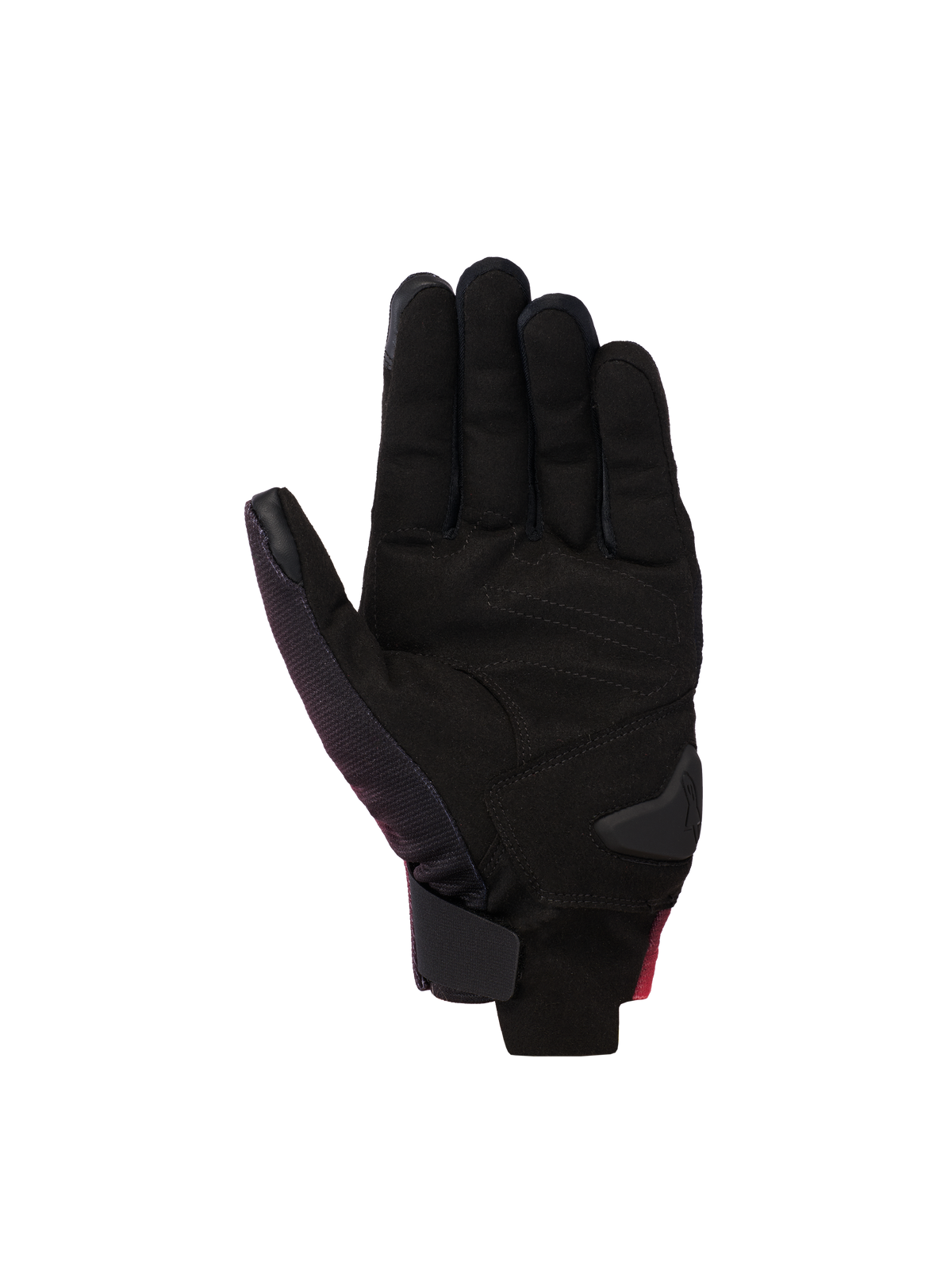 Alpinestars Reef V2 Gloves, motorcycle gloves, Black Red Fluo White, palm view featuring synthetic suede with padded reinforcements, short cuff design with hook-and-loop wrist closure