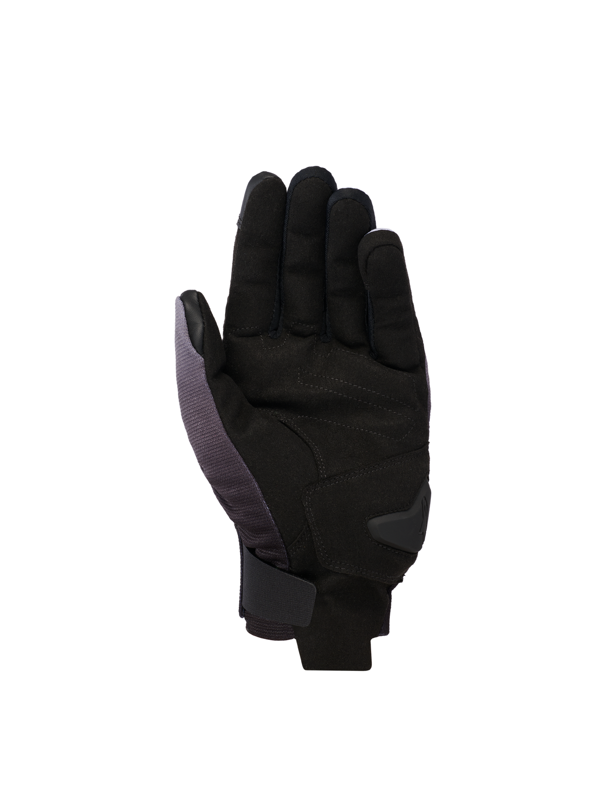 Guantes Alpinestars Reef V2, guantes de moto de puño corto, gris medio, negro y blanco, vista de la palma con ante sintético, refuerzo acolchado y cierre de velcro seguro en la muñeca.
