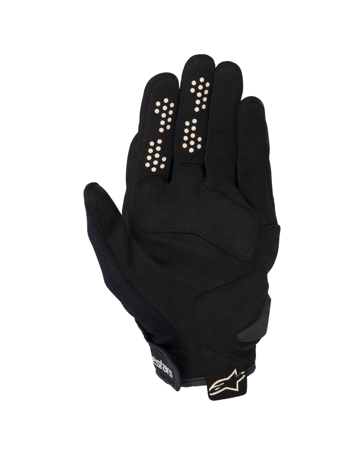 Guantes Alpinestars Chrome V2, guantes de moto urbanos, color negro y almendra, vista de la palma con palma de gamuza sintética, puntos de agarre de silicona en los dedos índice y medio, y puño corto con correa ajustable y logotipo.