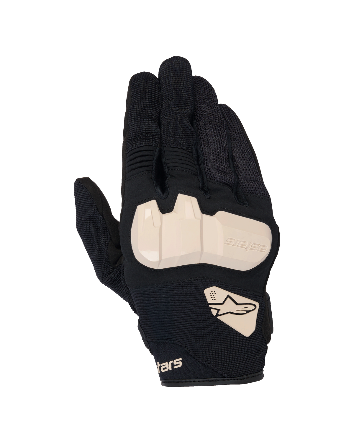 Guantes Alpinestars Chrome V2, guantes de moto en color negro con detalles almendra, vista superior que muestra la protección de nudillos de TPU, construcción de malla y tejido elástico, paneles de acordeón en los dedos