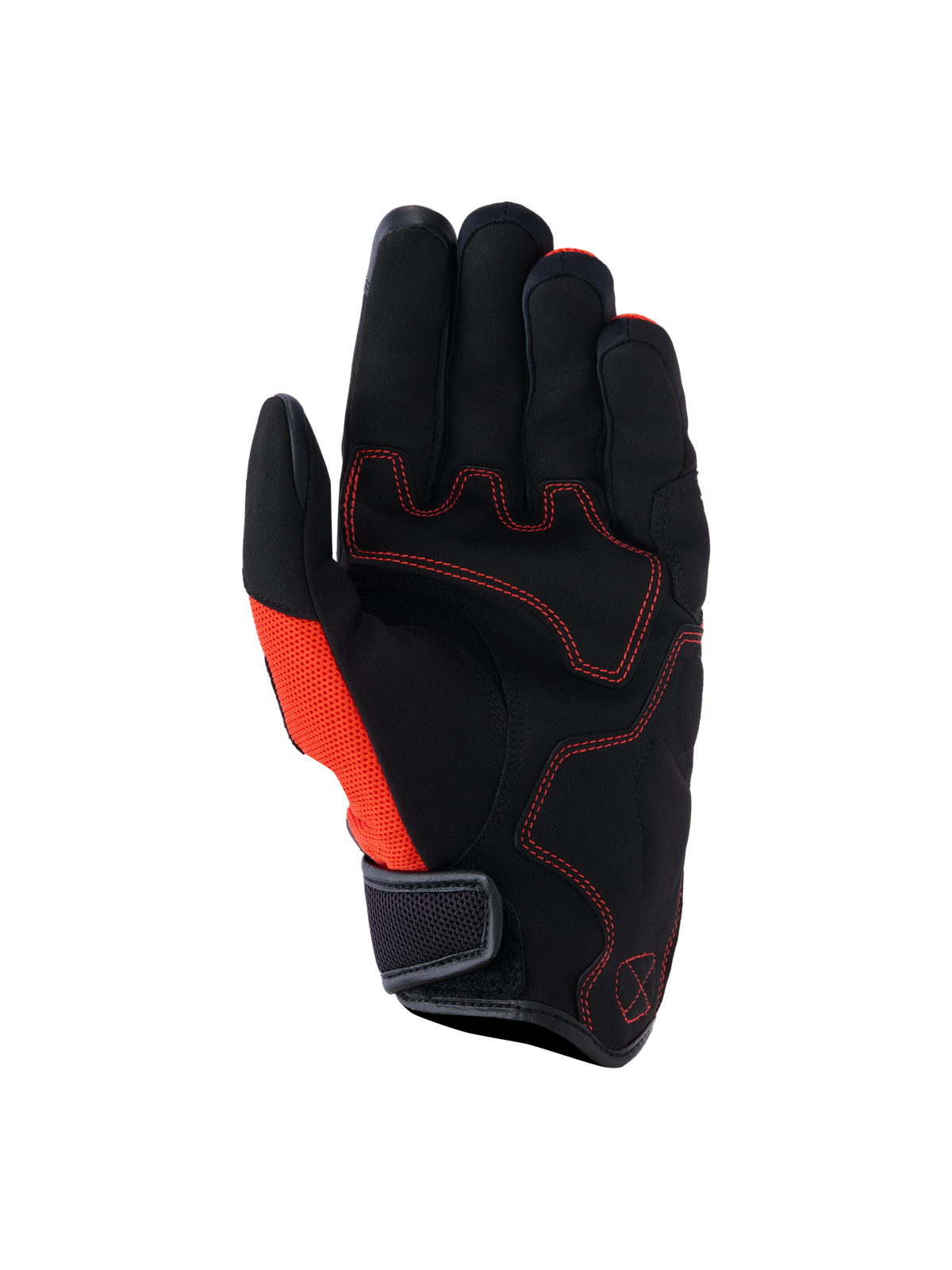 Guantes Alpinestars Ignite, vista de la palma, color negro y rojo tangerine, palma de gamuza sintética con costuras rojas en contraste, panel lateral de malla, puño corto con cierre de gancho y bucle, equipamiento para desplazamientos urbanos en moto