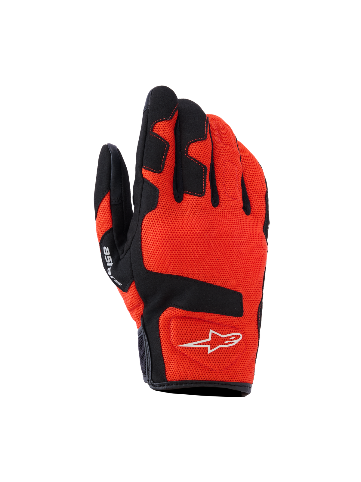 Guantes Alpinestars Ignite, guantes de moto, rojo mandarina y negro, tejido de malla transpirable, refuerzos negros en los dedos y nudillos, logotipo de estrella blanco, diseño de puño corto