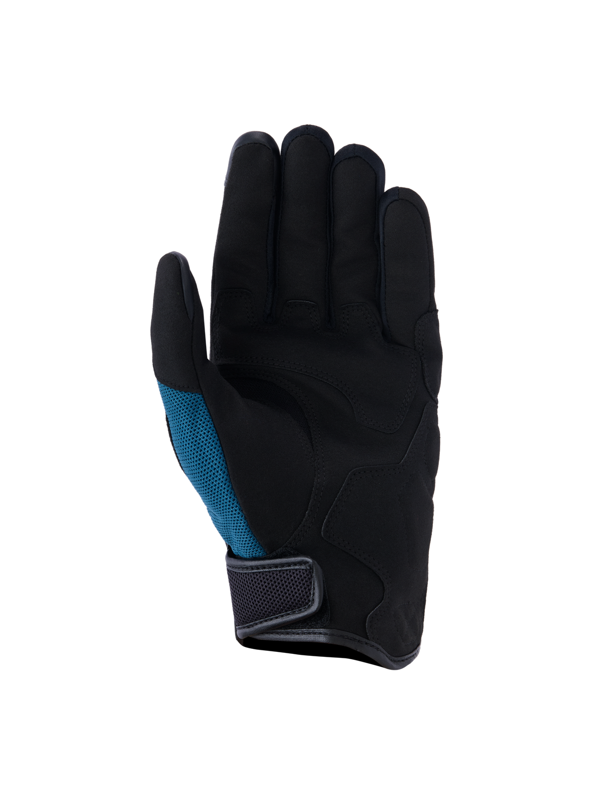 Guantes Alpinestars Ignite, guantes de moto urbanos, azul índigo y negro, vista de la palma con gamuza sintética y acolchado estratégico, panel lateral de malla verde azulado y diseño de puño corto con cierre de gancho y bucle