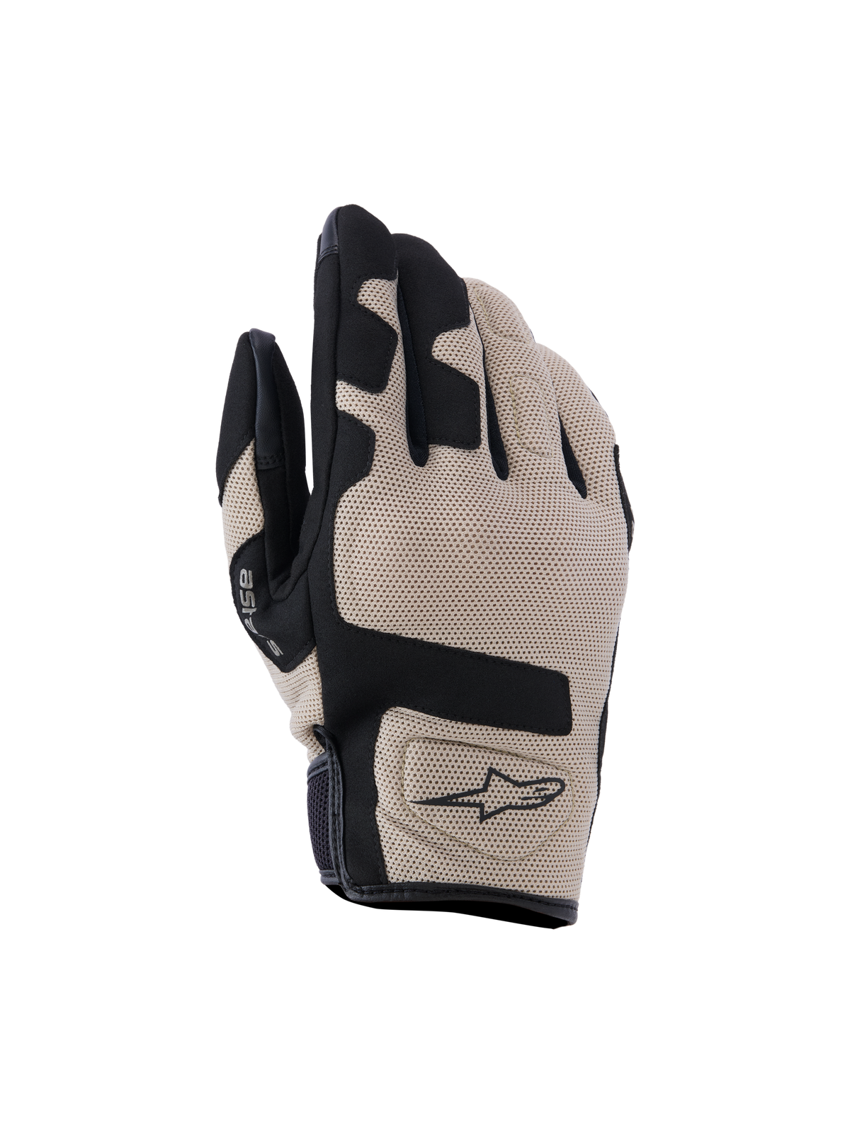 Guantes Alpinestars Ignite, guantes de moto, beige y negro, parte superior de malla texturizada con acentos de paneles negros, diseño de puño corto con logo Alpinestars, equipo de protección ligero y transpirable para conducción urbana