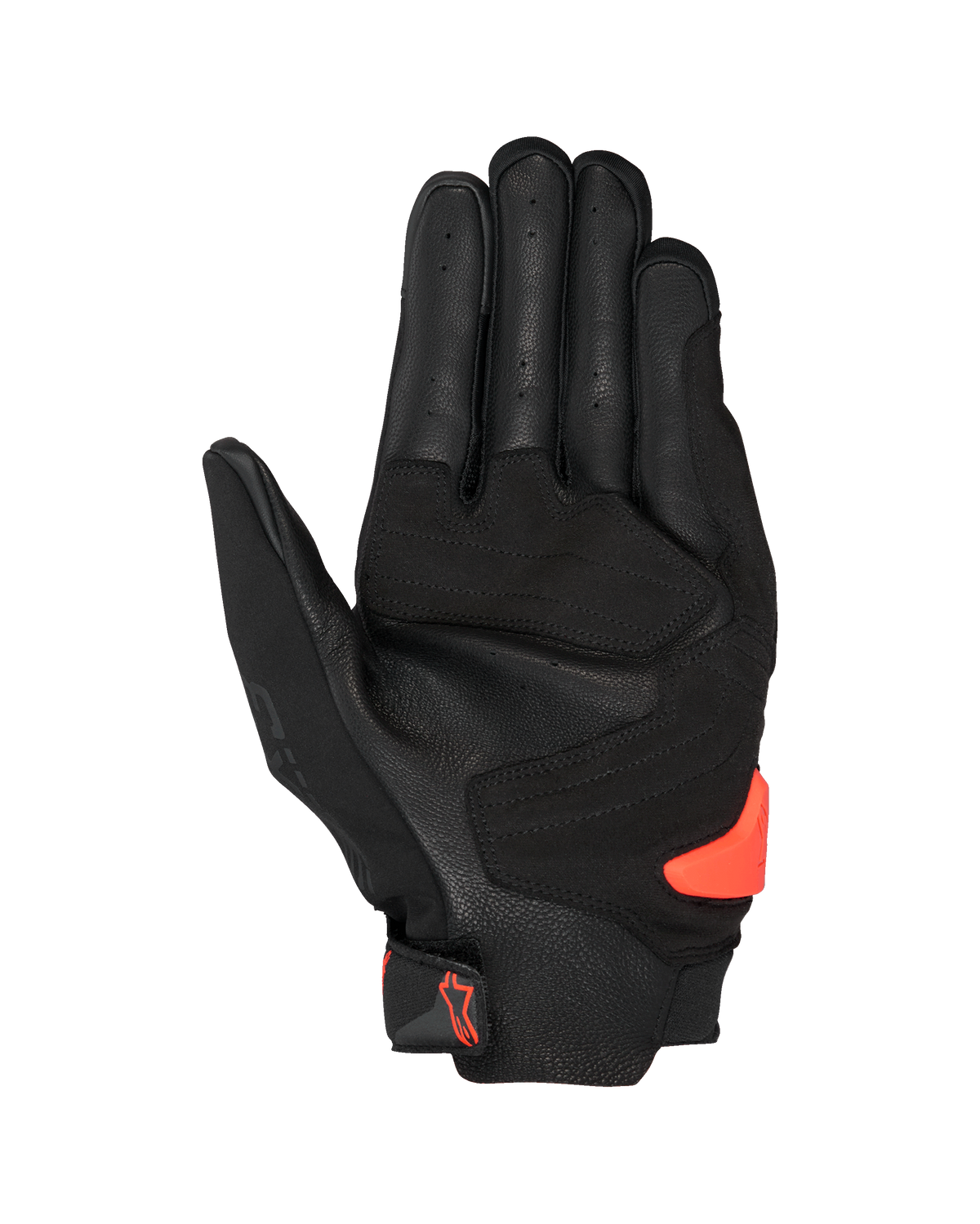 Guantes Alpinestars SP X 3, negros y rojo flúor, vista de la palma con cuero perforado, refuerzos sintéticos y un deslizador de palma TPR en naranja brillante, equipamiento de moto deportivo y de competición