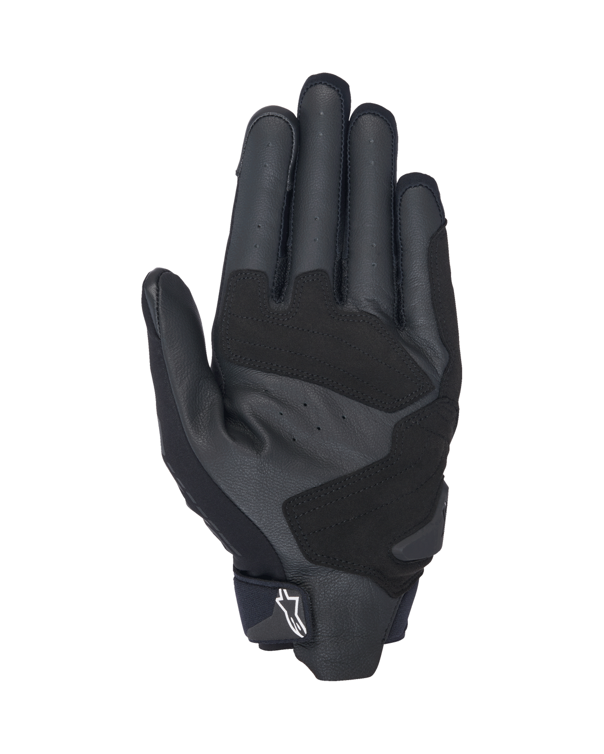Guantes Alpinestars SP X 3, guantes de moto en negro y blanco, vista de la palma con cuero perforado para ventilación, refuerzos de cuero sintético para mayor agarre y durabilidad, zonas de impacto reforzadas y diseño de puño corto con logo blanco en la lengüeta