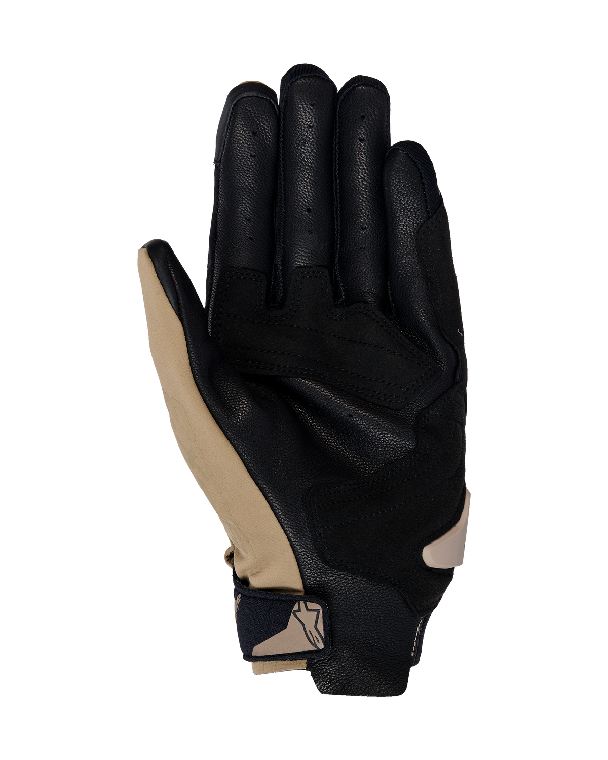 Guantes Alpinestars SP X 3, guantes de moto, Caqui Oscuro Arena Negro, vista de la palma con cuero negro perforado y superposiciones sintéticas caqui, correa de muñeca compacta con logotipo, diseño ergonómico para conducción deportiva y en carretera