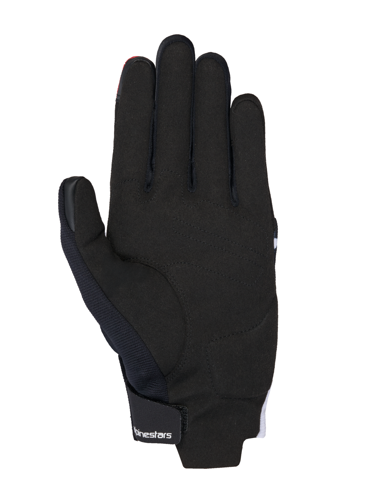 Guantes Alpinestars MM93 Reef V2, vista de la palma, negros con detalles en rojo brillante y blanco, cuentan con palma de gamuza sintética, refuerzos acolchados y correa de muñeca de gancho y bucle con marca Alpinestars, equipamiento moderno de motociclismo urbano