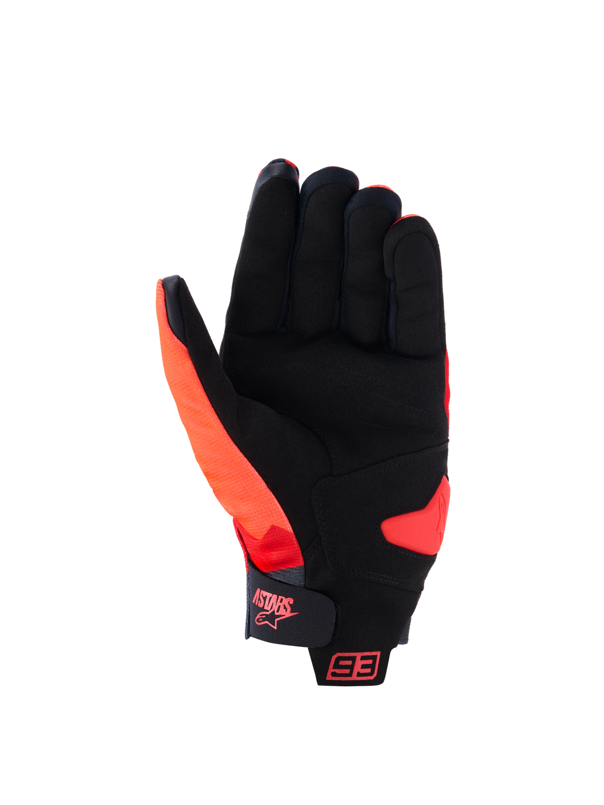 Alpinestars MM93 Reef V2 Gloves, Palm View, Red Fluo Bright Red Black, featuring a synthetic suede palm with padded reinforcement, hook-and-loop cuff strap with Astars logo, and 93 branding, urban motorcycle gloves