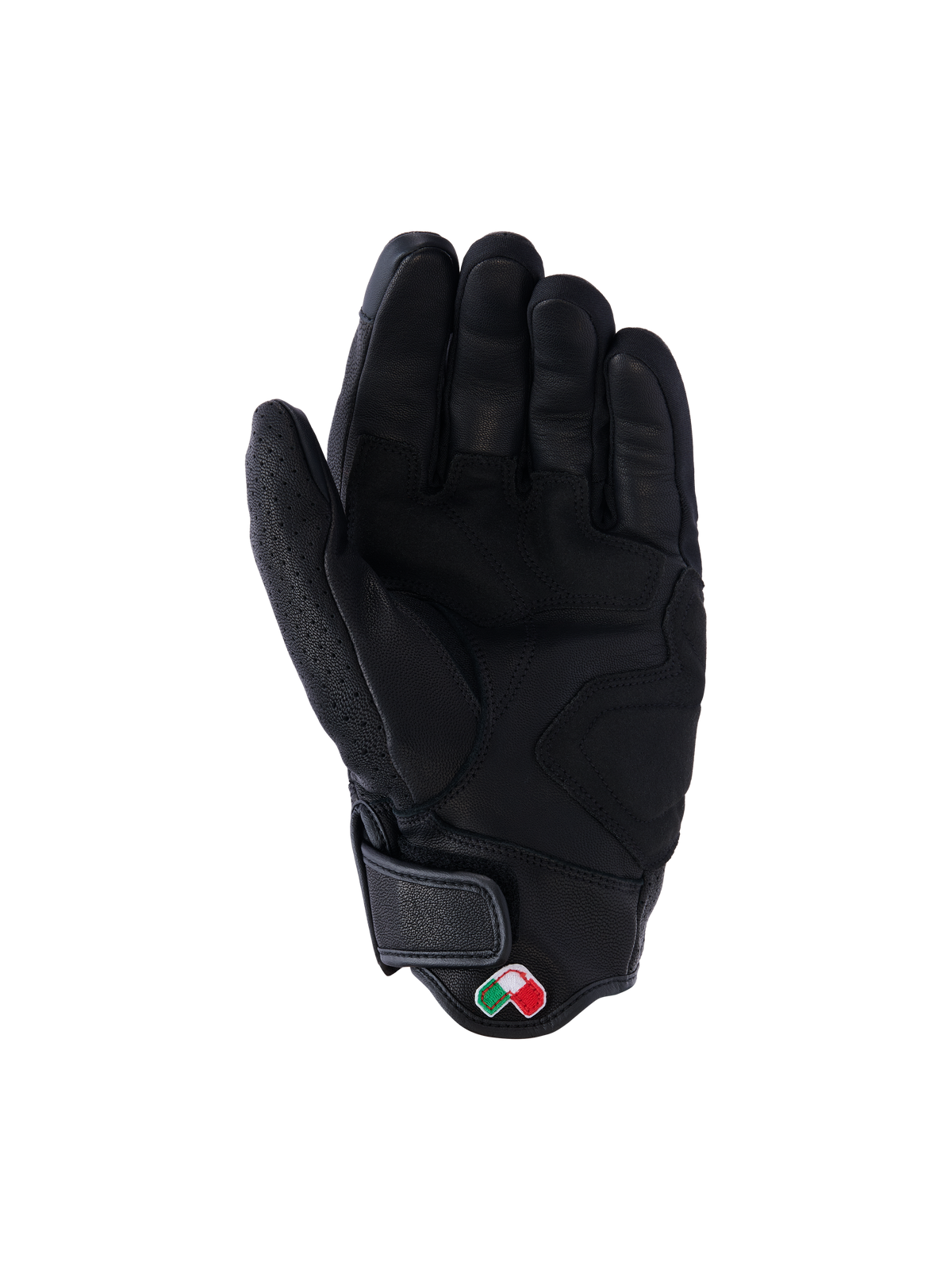 Guantes de cuero Alpinestars Mustang V3, negros, vista de la palma, construcción en cuero de cabra de primera calidad con zonas de agarre reforzadas, puño corto con cierre de gancho y bucle y pequeño parche de logo bordado, equipo de protección para motociclismo urbano