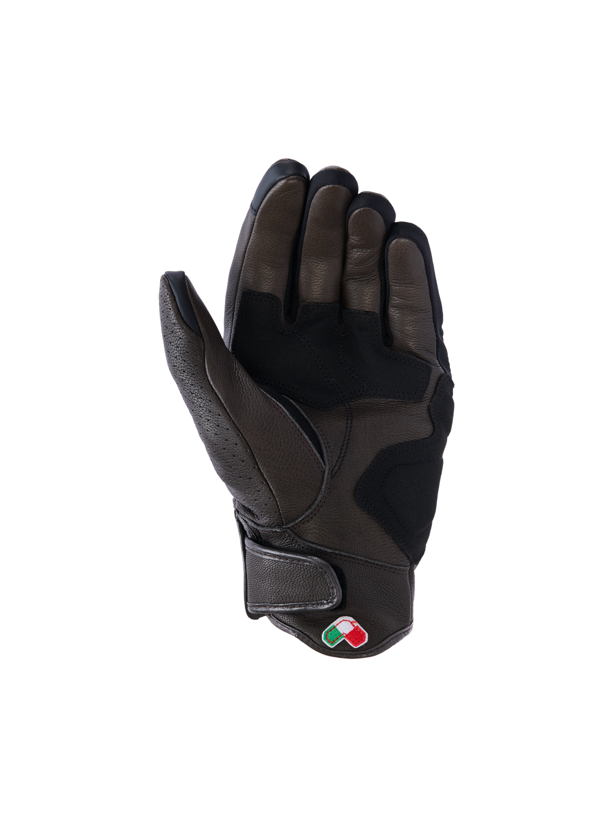 Guantes de cuero Alpinestars Mustang V3, marrón oscuro y negro, vista de la palma, con construcción de cuero reforzado, puño corto con cierre de gancho y bucle y pequeño parche de escudo bordado, equipamiento de motociclismo urbano