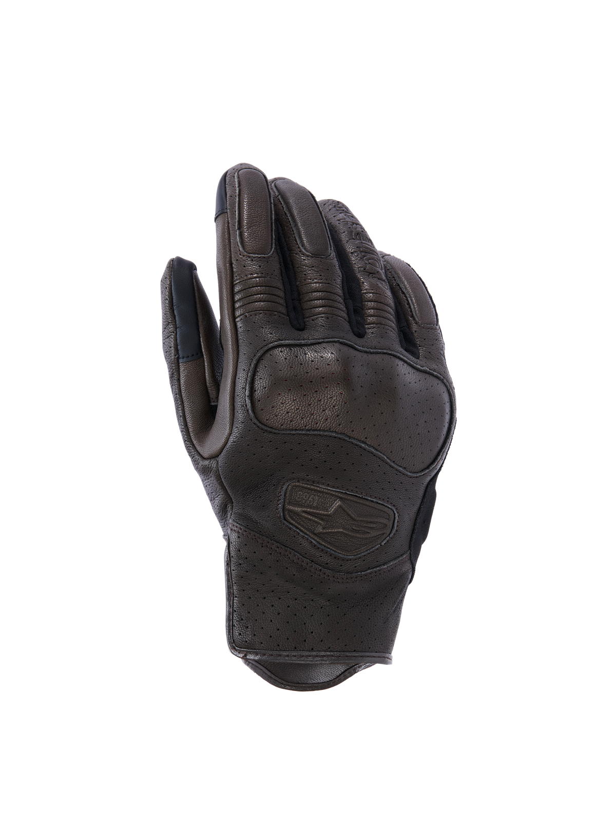 Guantes de cuero Alpinestars Mustang V3, guantes de moto urbanos, marrón oscuro y negro, con construcción de cuero de cabra perforado con láser, protección de nudillos integrada y logotipo en relieve, diseño de puño corto
