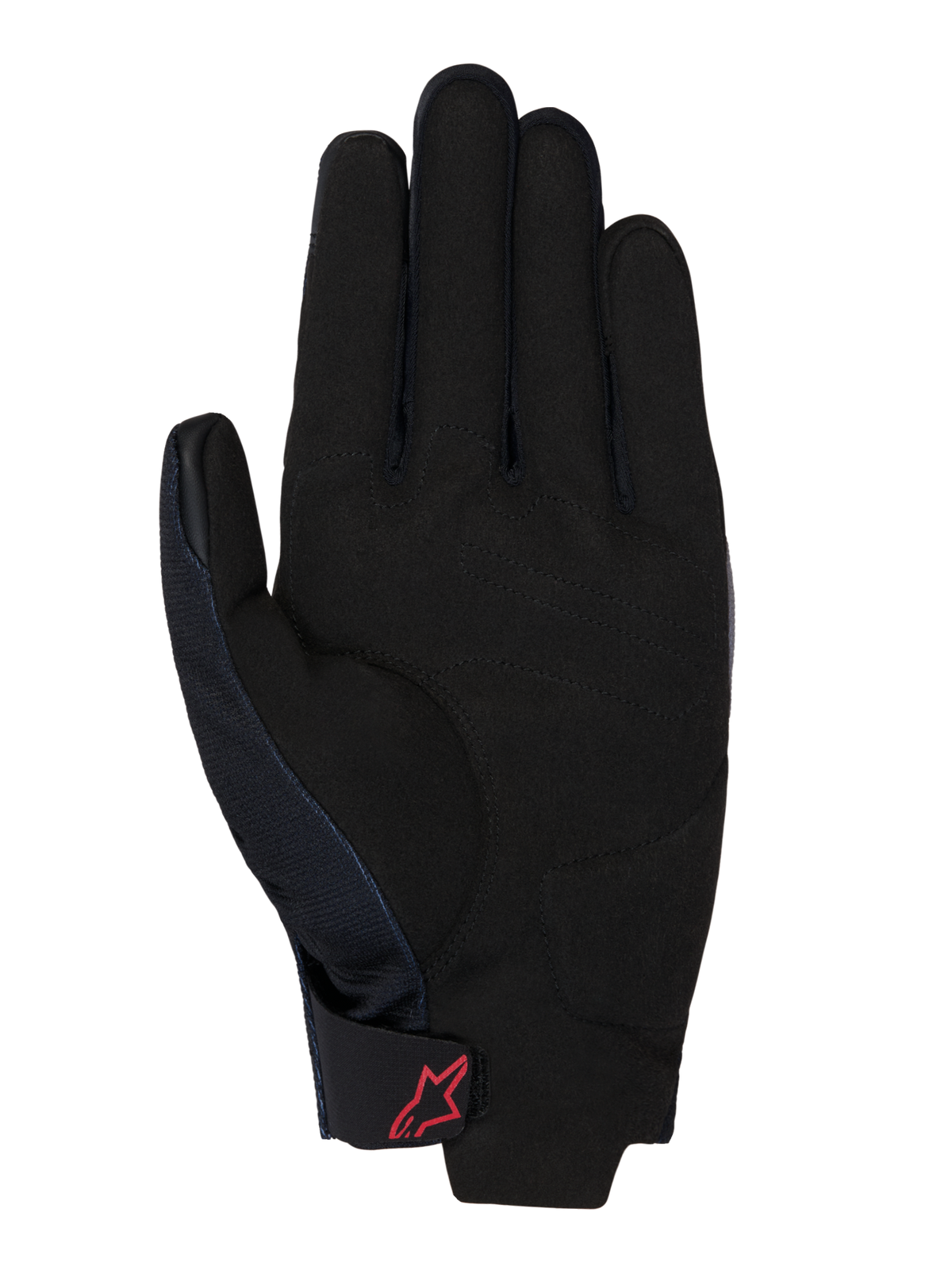 Guantes Honda Reef V2, vista de la palma, gamuza sintética negra con refuerzo acolchado, logotipo rojo de Alpinestars en la correa de la muñeca con cierre de gancho y bucle, diseño de puño corto para conducción de motocicletas