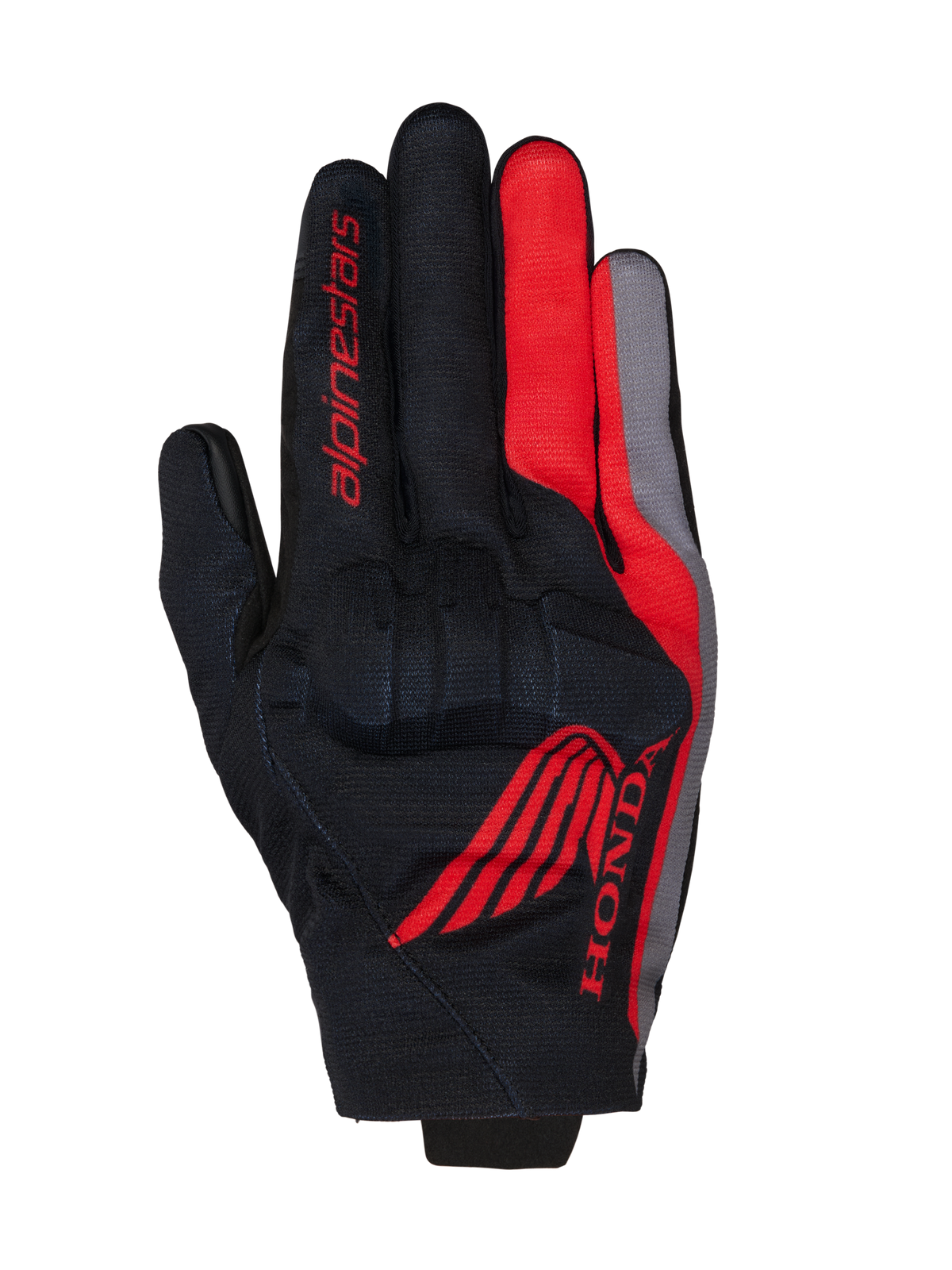 Guantes Alpinestars Honda Reef V2, guantes de moto, negro con detalles en rojo brillante y gris oscuro, con el logotipo del ala de Honda en rojo y marca Alpinestars, construcción de tejido transpirable con protección de nudillos integrada, diseño de puño corto