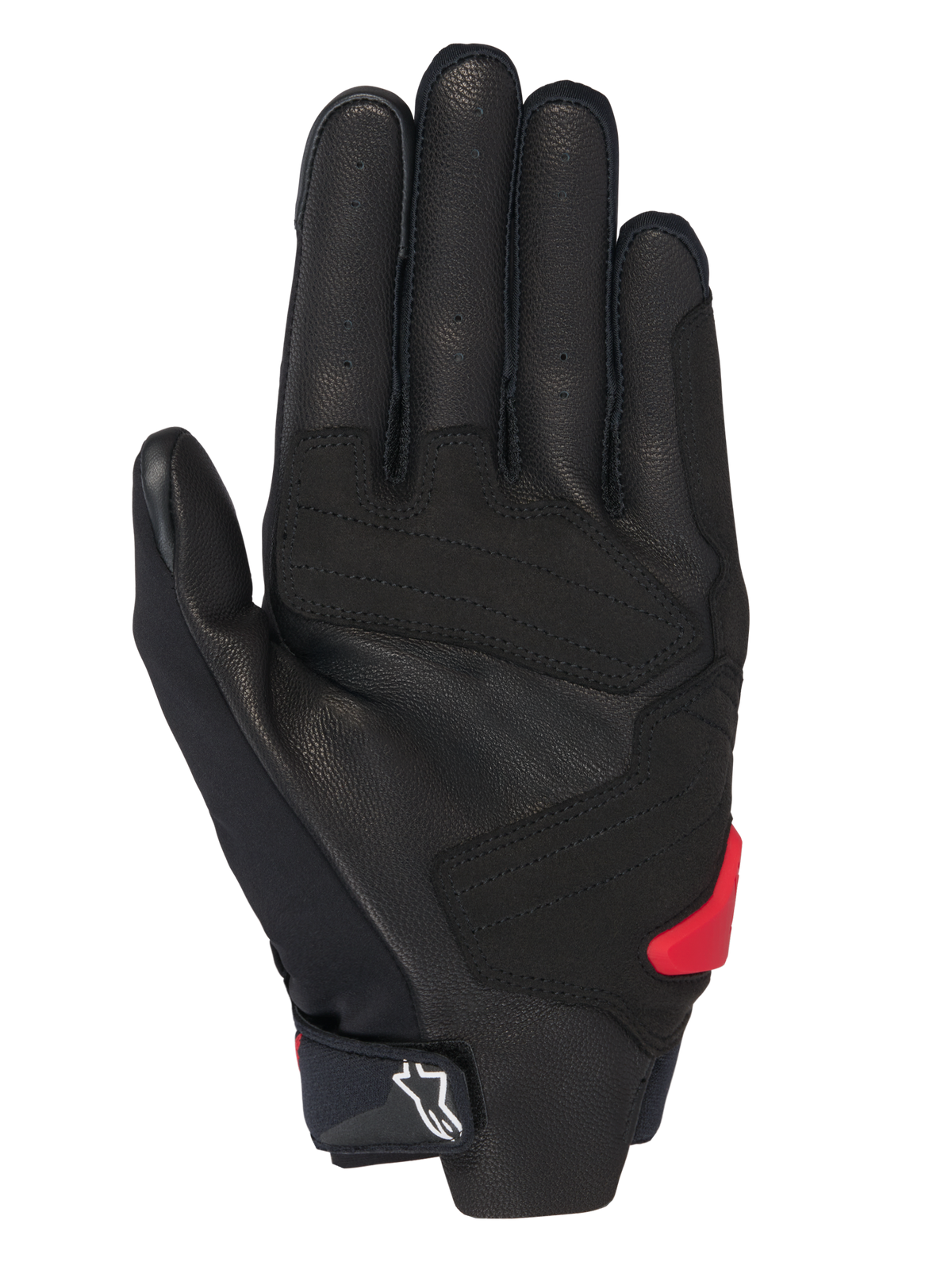 Guantes Alpinestars Honda SP X 3, guantes de moto, negros con detalles en rojo brillante, vista de la palma con cuero perforado, superposiciones sintéticas para el agarre, deslizador de palma de TPR rojo y logotipo de Alpinestars blanco en el puño ajustable