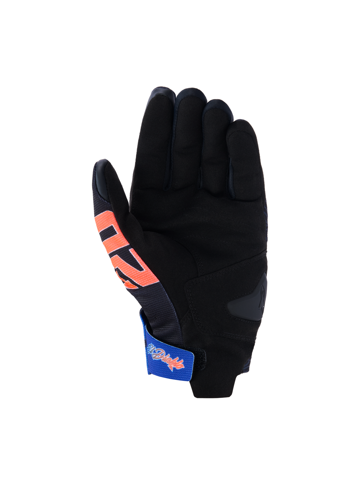Alpinestars FQ20 Reef V2 Monster Gloves, Motorcycle Gloves, Black with Red and Blue accents, palm view featuring synthetic suede, padded reinforcement, and a blue adjustable wrist strap with graphics, short cuff racing and sport design