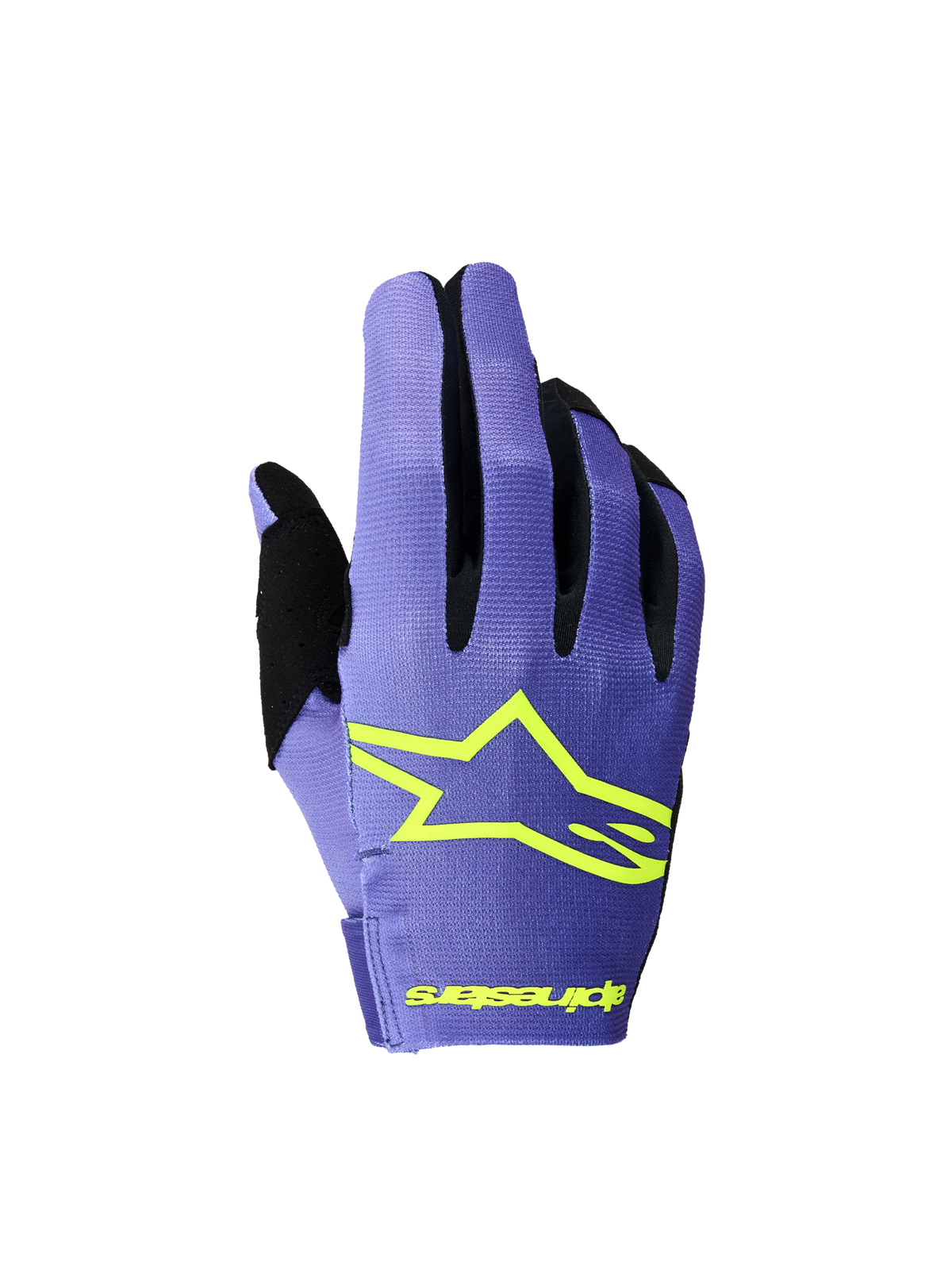 Alpinestars guantes Radar 2026 de motocross para hombre, morados y amarillo fluorescente, construcción elástica ligera.