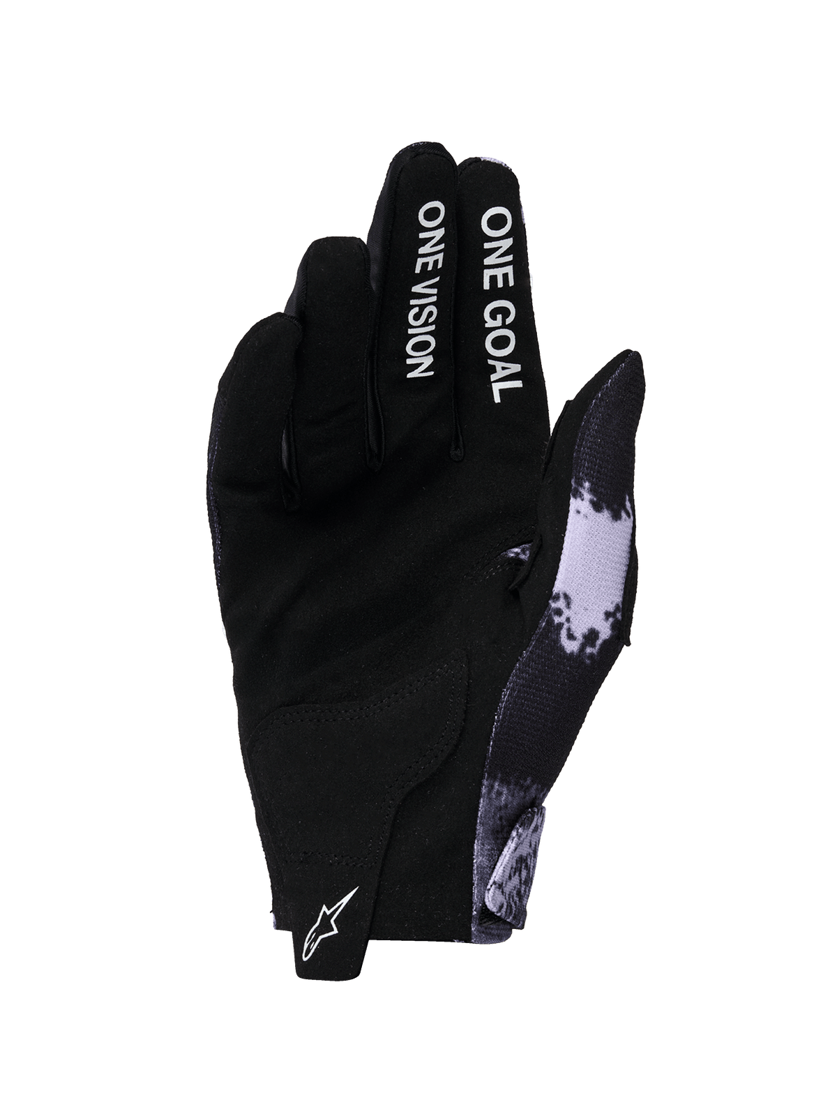 Alpinestars 2026 Radar Gloves, guantes de motocross, Iron Camo y negro, vista de la palma con construcción de ante sintético, texto 'ONE GOAL ONE VISION' en los dedos, logo Astars blanco en la lengüeta de tracción, diseño elegante de alto rendimiento para off-road