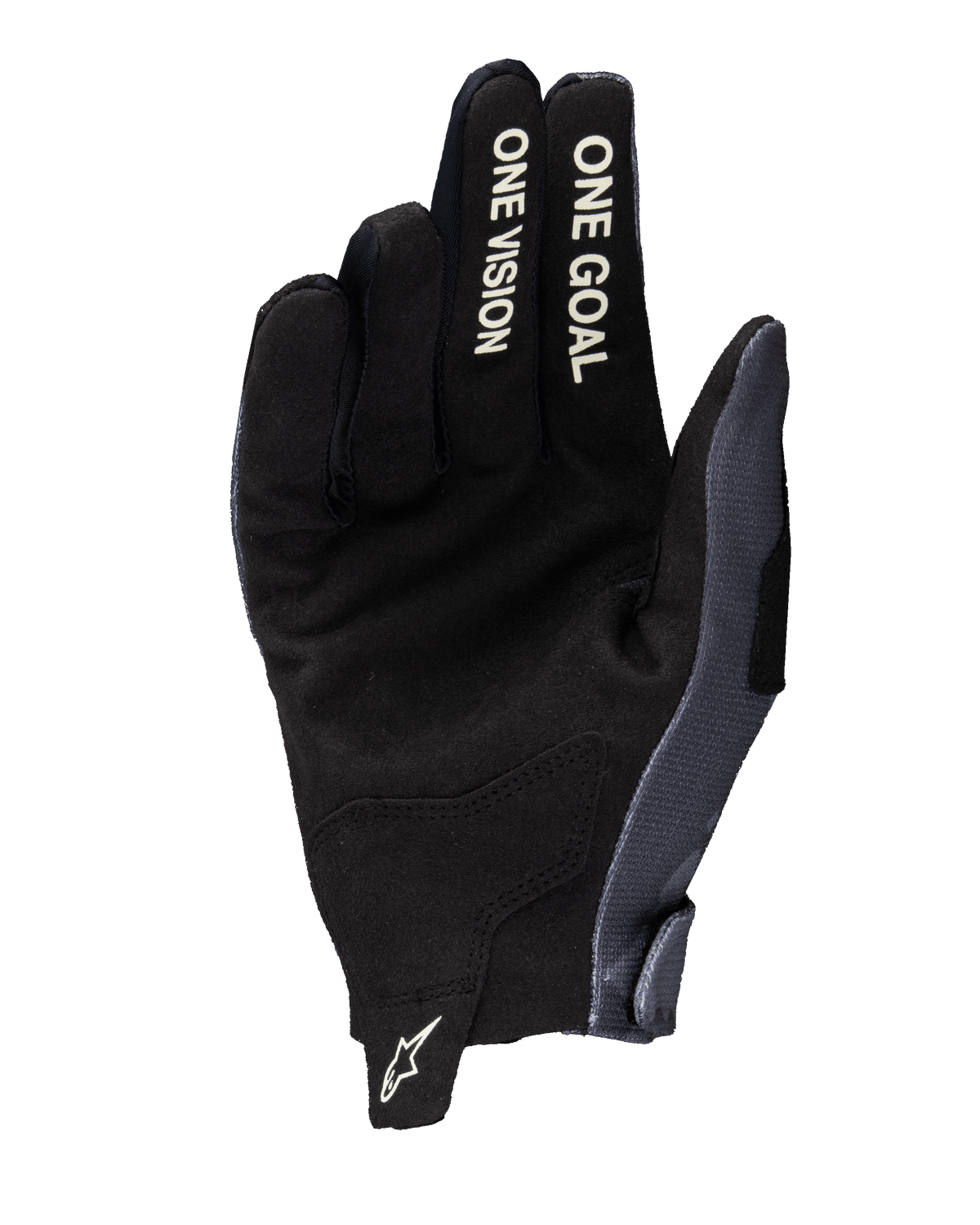 Guantes Alpinestars Radar 2025, guantes de motocross, gris y camuflaje oscuro, vista de la palma con construcción de ante sintético, texto blanco 'ONE VISION' y 'ONE GOAL' en los dedos y logo Astars blanco en el tirador de la muñeca
