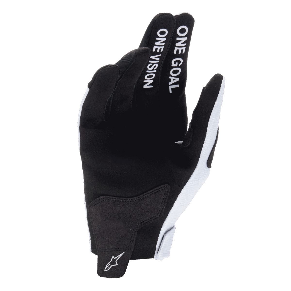 Guantes Alpinestars Radar 2025, guantes de motocross, gris haze y negro, vista de la palma que muestra el material de ante sintético, texto 'ONE GOAL ONE VISION' en los dedos índice y corazón, logo blanco en el tirador de la muñeca, diseño duradero para carreras off-road