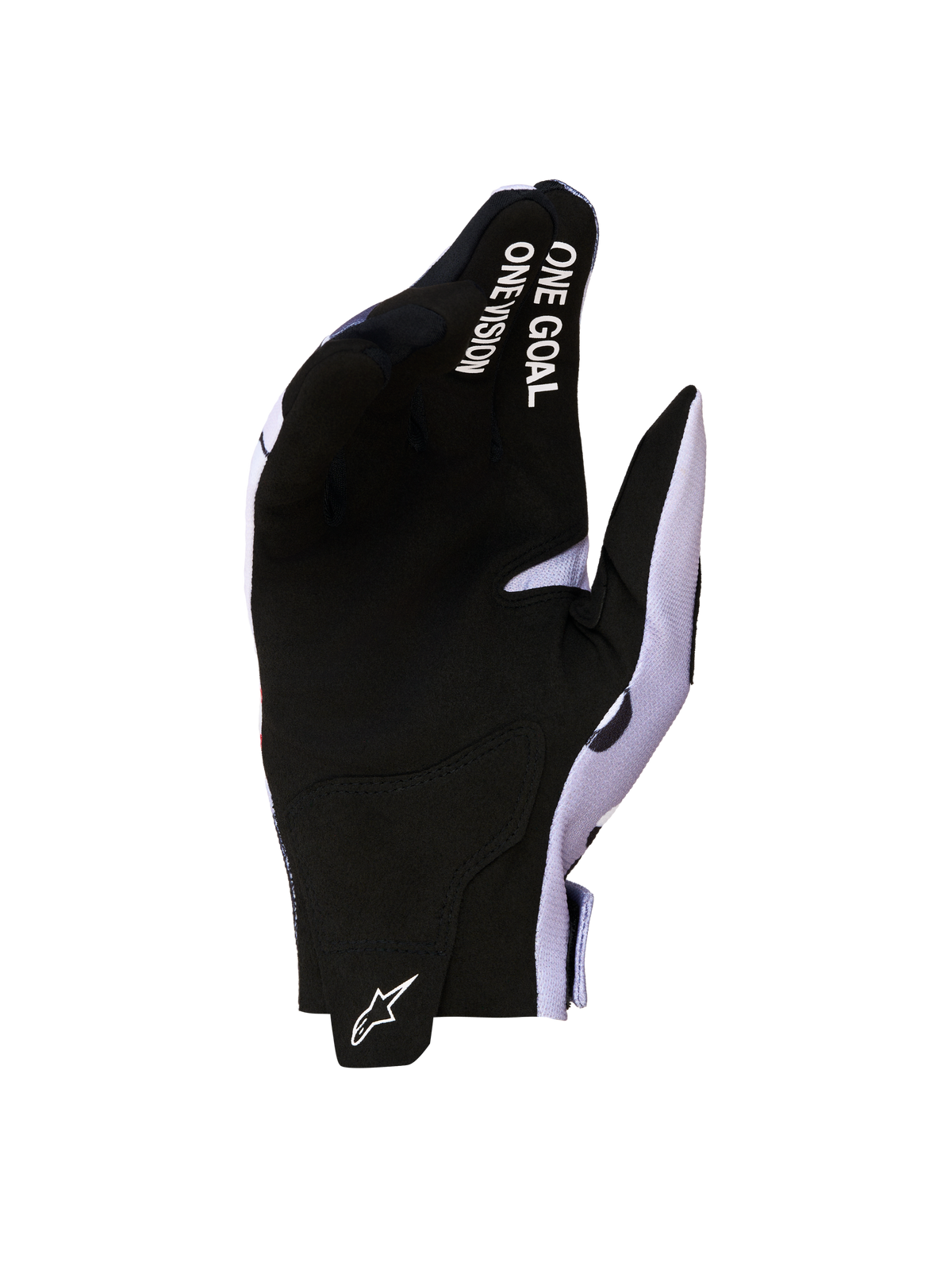 Guantes Alpinestars Radar 2027 de motocross, negros y grises, palma de ante sintético y lema One Goal One Vision.