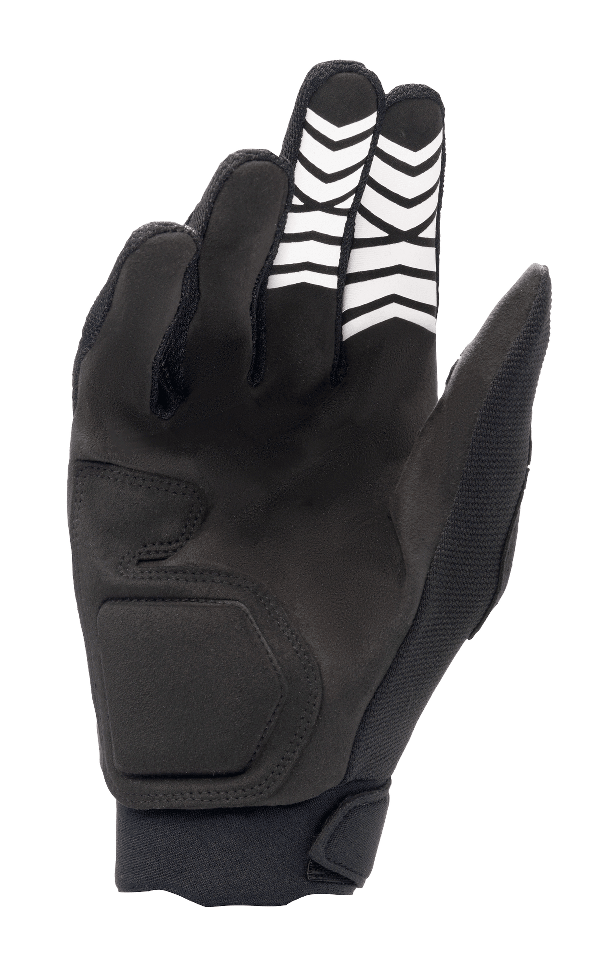 Guantes Alpinestars Full Bore XT, negros, vista de la palma que muestra la construcción de ante sintético con patrones de agarre de chevron blancos en los dedos y cierre de muñeca ergonómico, diseñados para Enduro y conducción off-road.