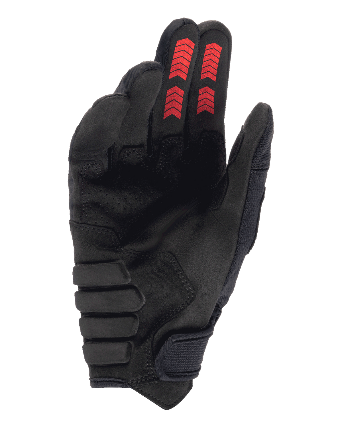 Guantes Alpinestars Techdura, guantes para enduro y off-road, color negro con rojo fuego, vista de la palma con ante sintético reforzado, gráficos de chevrones rojos en las puntas de los dedos y cierre de muñeca de gancho y bucle.