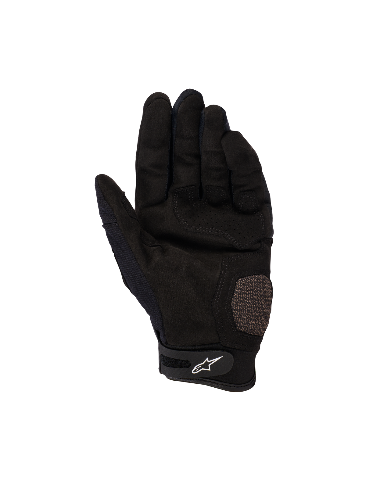Guantes Alpinestars Megawatt V2, guantes de motocross y enduro, negros, vista de la palma con secciones reforzadas en la palma y el pulgar, textura perforada para ventilación, cierre de velcro en la muñeca con logo de Alpinestars en blanco