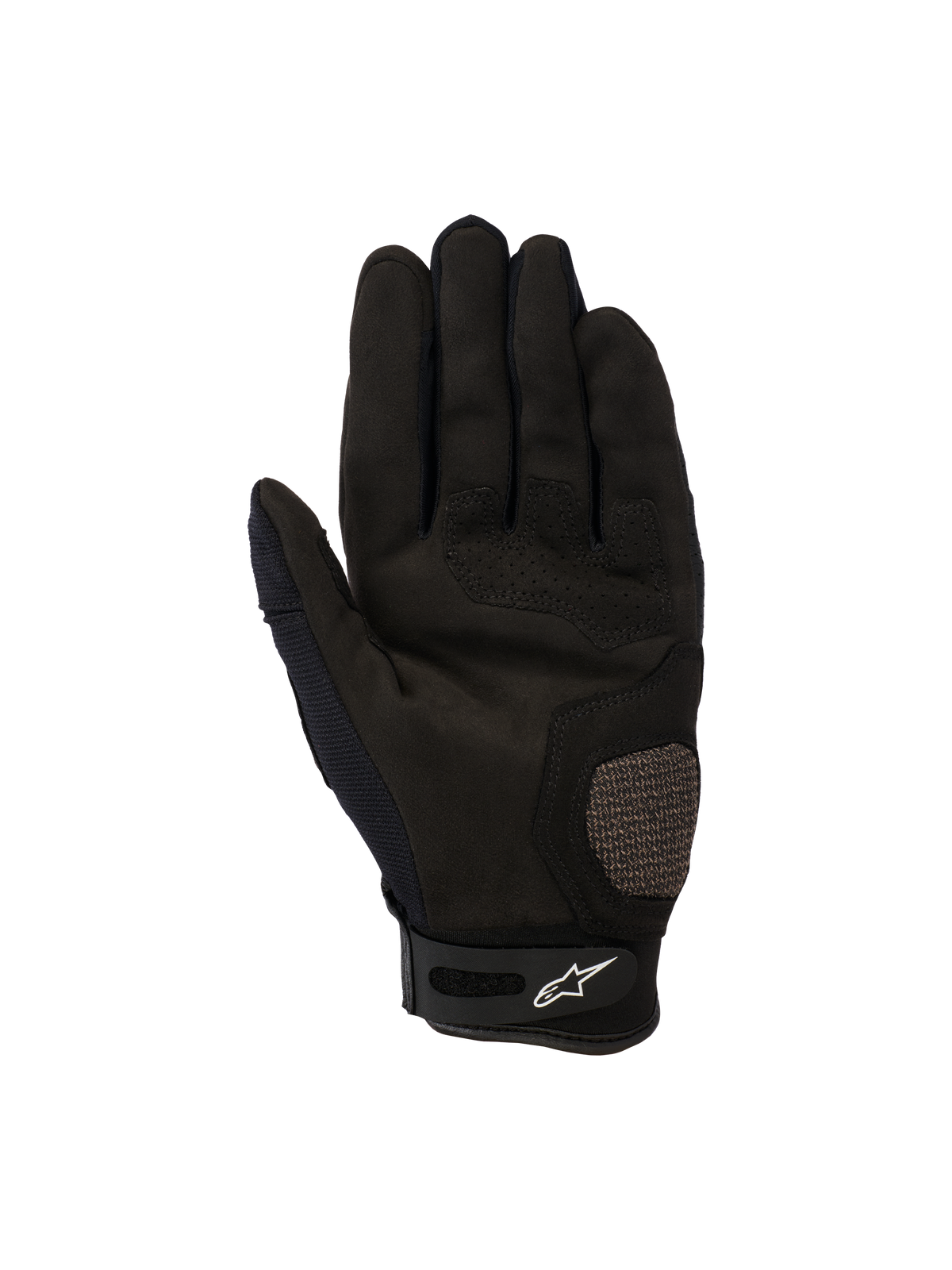 Guantes Alpinestars Megawatt V2, guantes de motocross y enduro, negros, vista de la palma con zonas del pulgar y la palma reforzadas, detalles perforados para ventilación y un cierre de velcro en la muñeca con el logotipo de Alpinestars.
