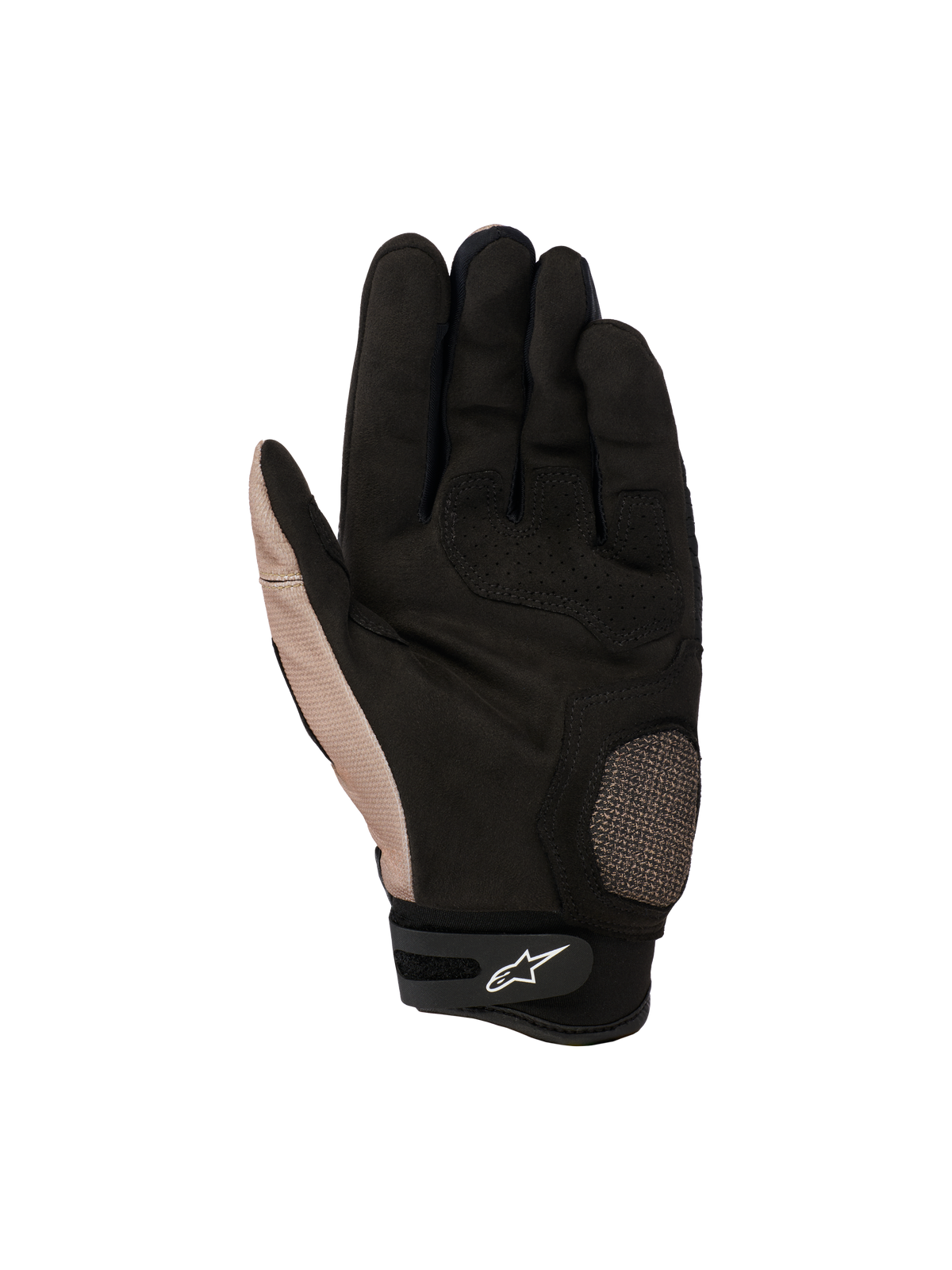 Guantes Alpinestars Megawatt V2, guantes de motocross para todoterreno, Stone Black, vista de la palma que muestra el área reforzada del pulgar y la palma, agarre texturizado y ajuste de velcro en la muñeca con el logotipo blanco de Alpinestars.