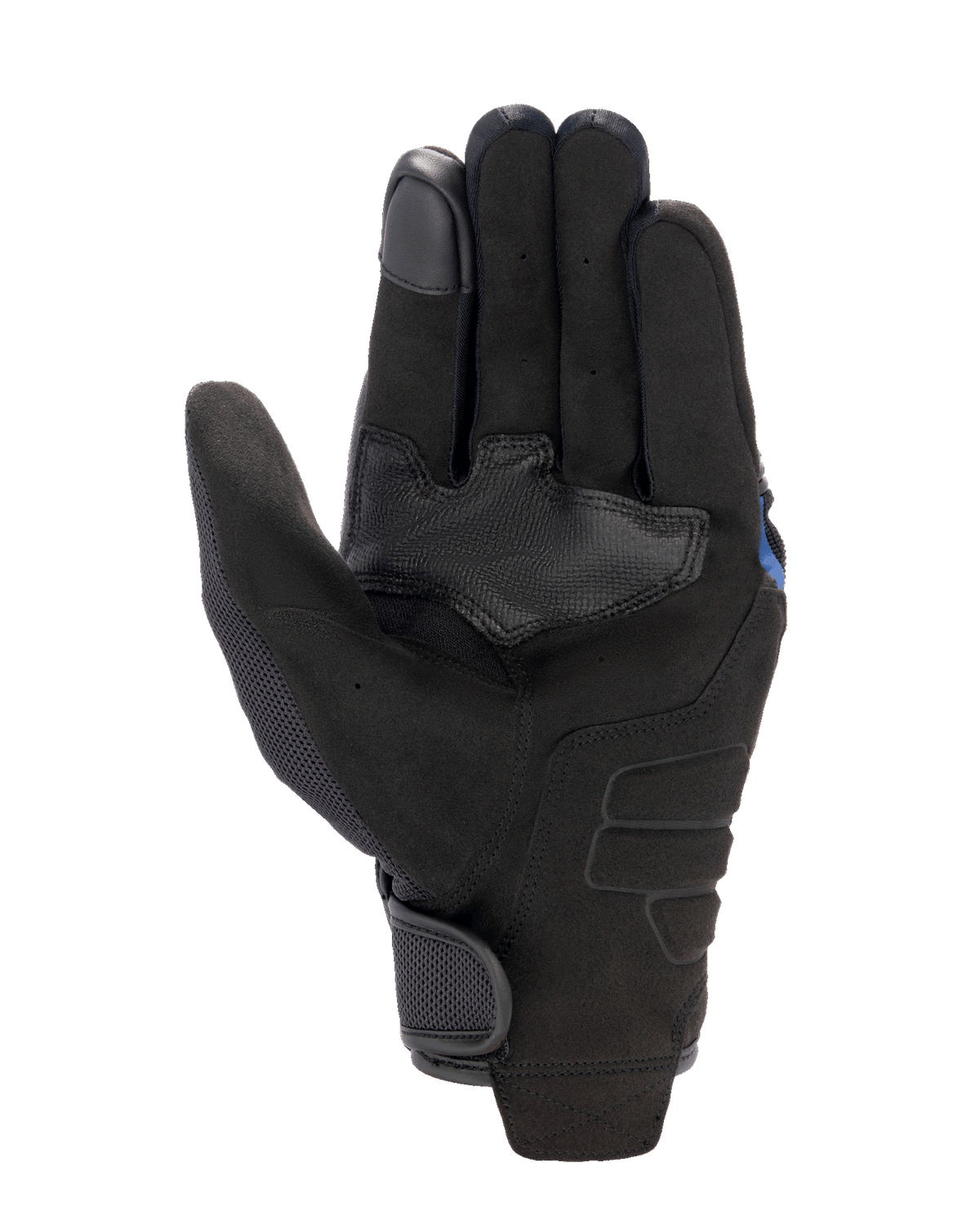 Guantes Alpinestars FQ20 Copper, guantes urbanos para motocicleta, negros, vista de la palma con material de gamuza sintética, parche de refuerzo de agarre texturizado, paneles de malla en el pulgar y cierre de muñeca con gancho y bucle.