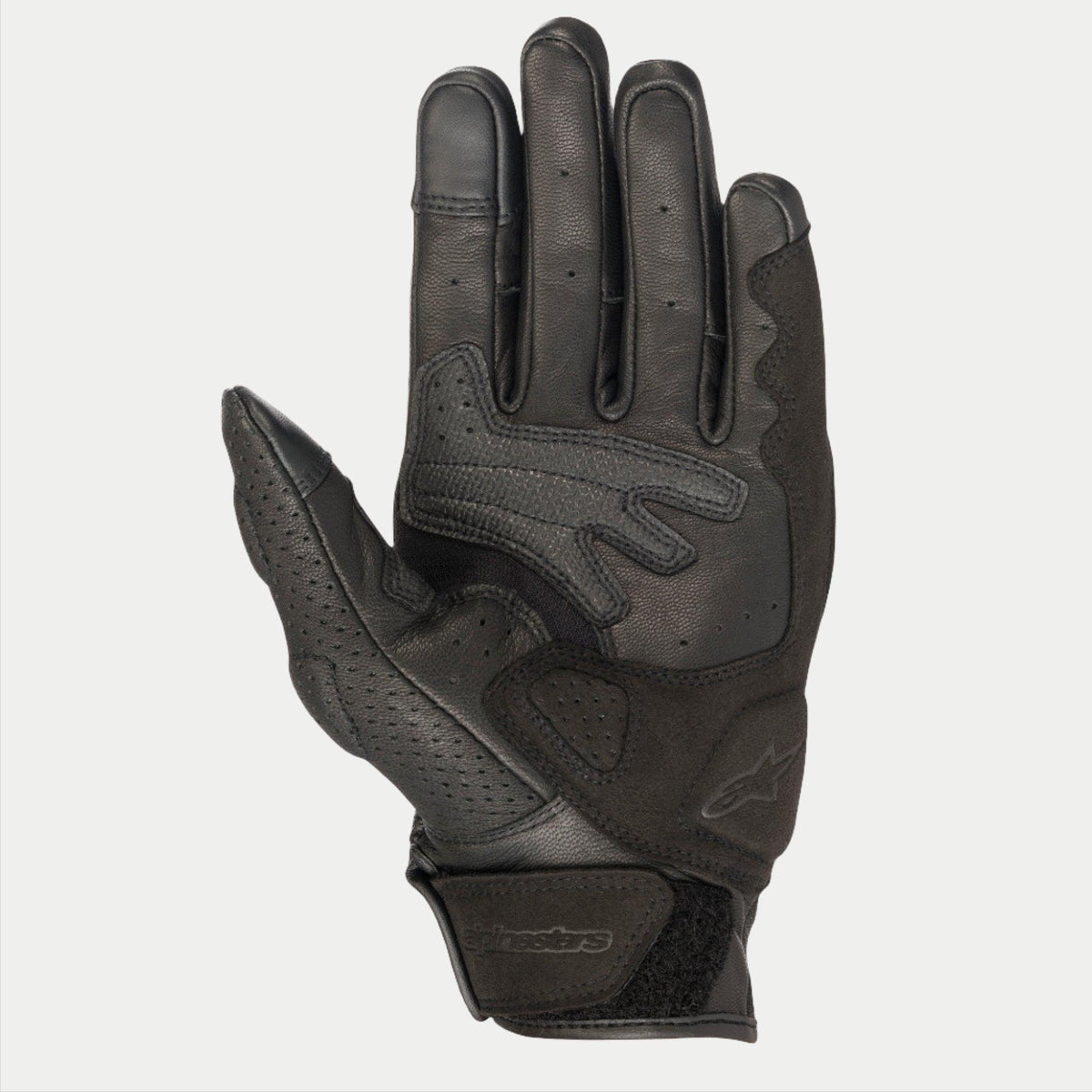 Guantes Alpinestars Mustang V2, guantes de moto de cuero negro, vista de la palma con cuero perforado, refuerzos de ante sintético y cierre de muñeca de gancho y bucle, equipamiento urbano para carretera