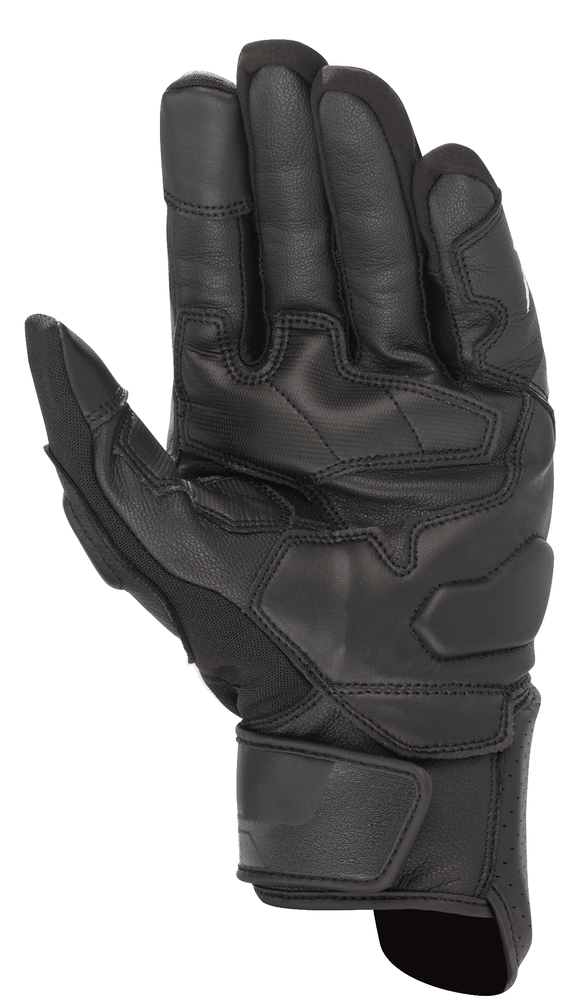 Guantes Alpinestars Booster V2, negros, vista de la palma del guante de moto que muestra la construcción de cuero duradero, paneles de agarre reforzados en la palma y el pulgar, y una correa de muñeca ajustable.